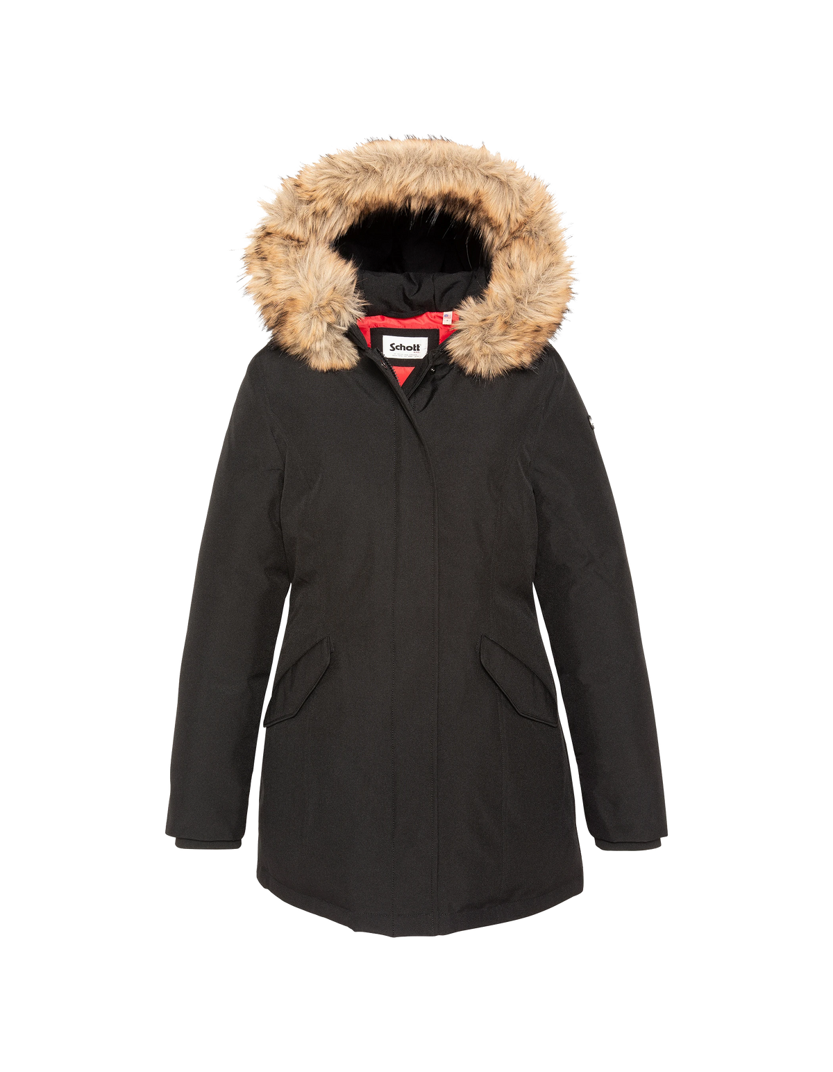 Parka nero con cappuccio e finiture in pelliccia sintetica