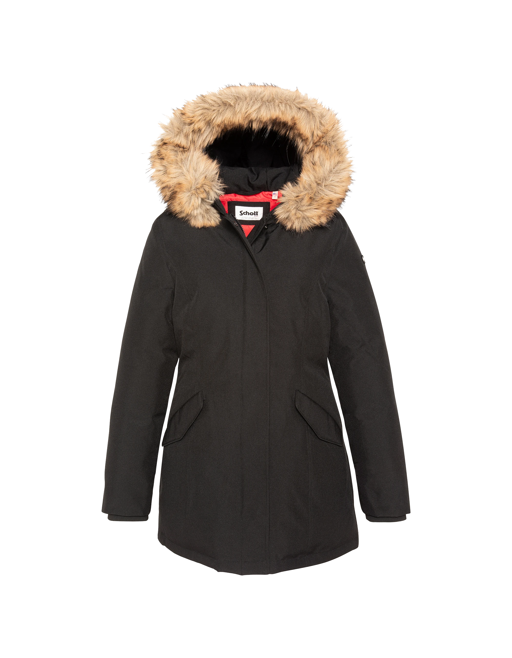 Parka nero con cappuccio e finiture in pelliccia sintetica-1