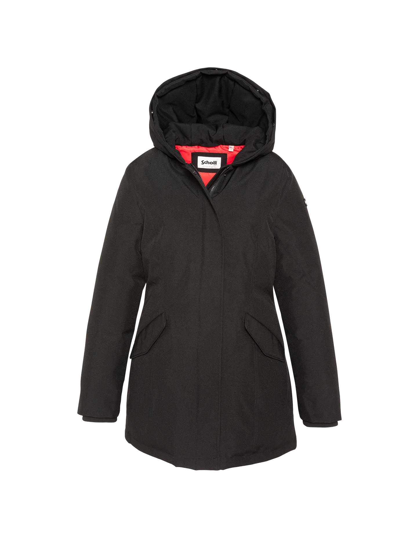 Parka nero con cappuccio e finiture in pelliccia sintetica