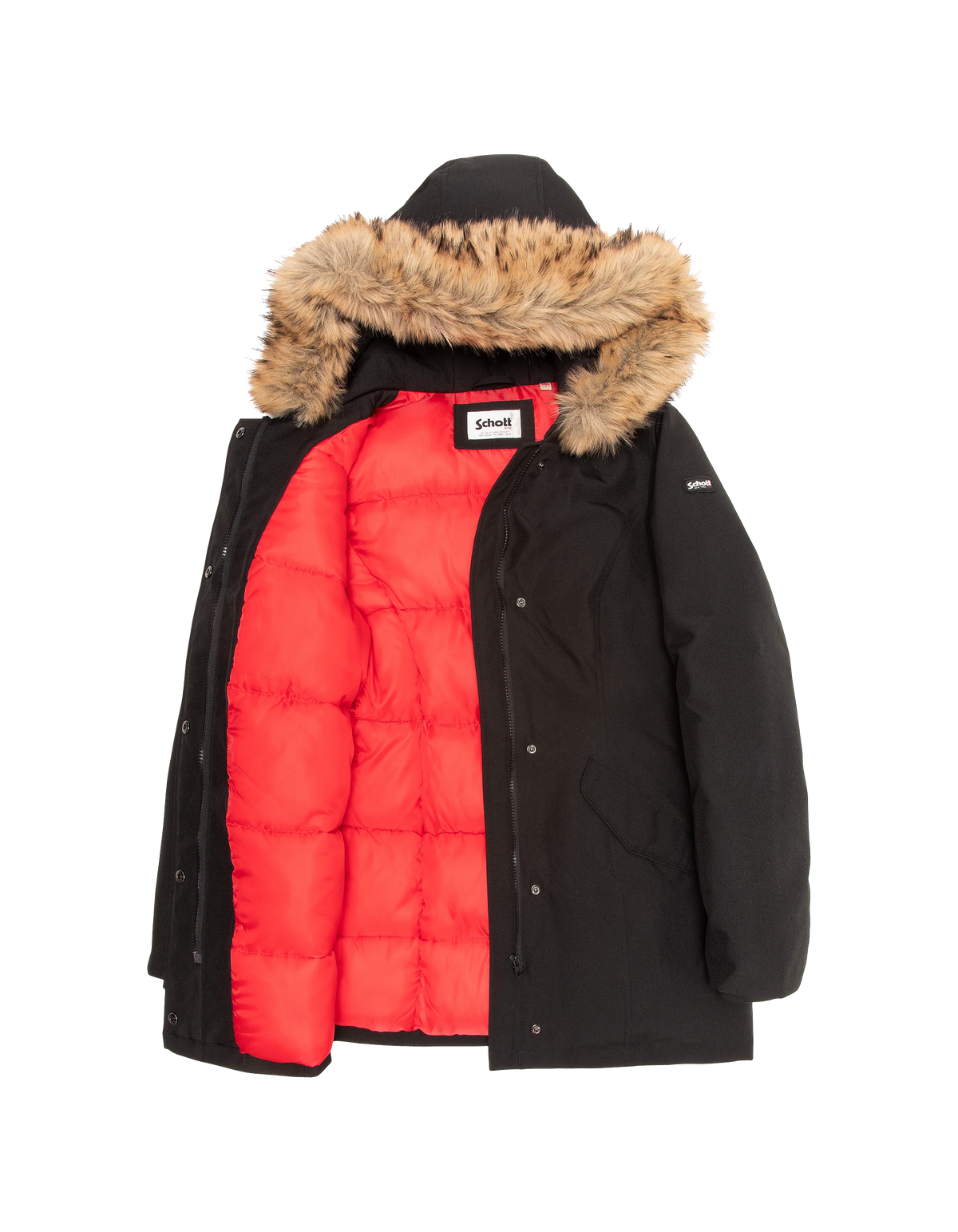 Parka nero con cappuccio e finiture in pelliccia sintetica-5