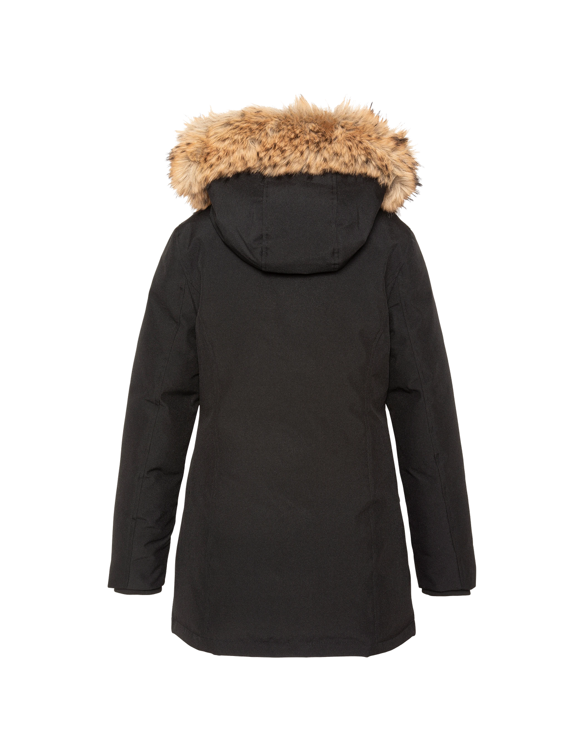 Parka nero con cappuccio e finiture in pelliccia sintetica