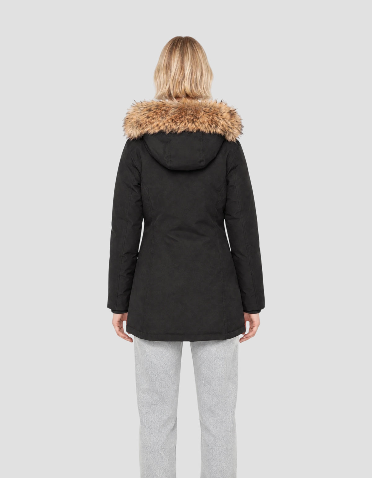 Parka nero con cappuccio bordato di pelliccia sintetica-4