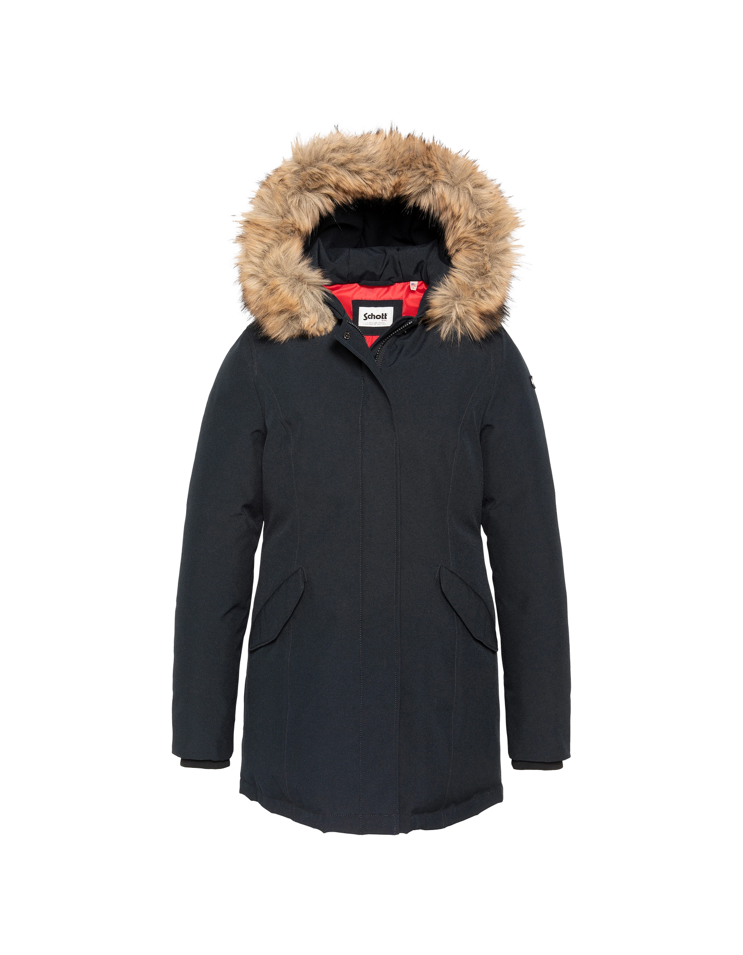 Parka blu scuro con cappuccio e finiture in pelliccia sintetica