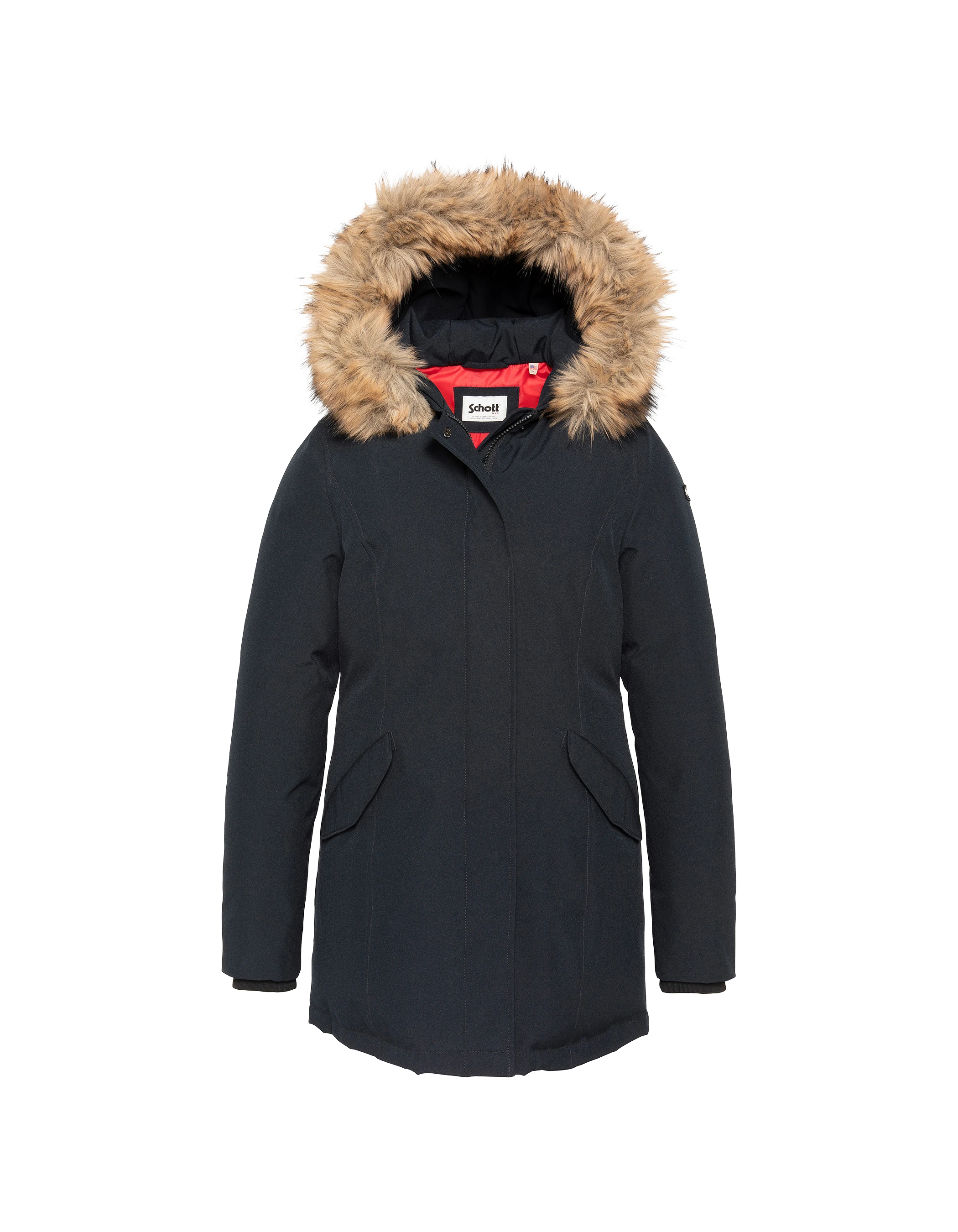 Parka blu scuro con cappuccio e finiture in pelliccia sintetica-1