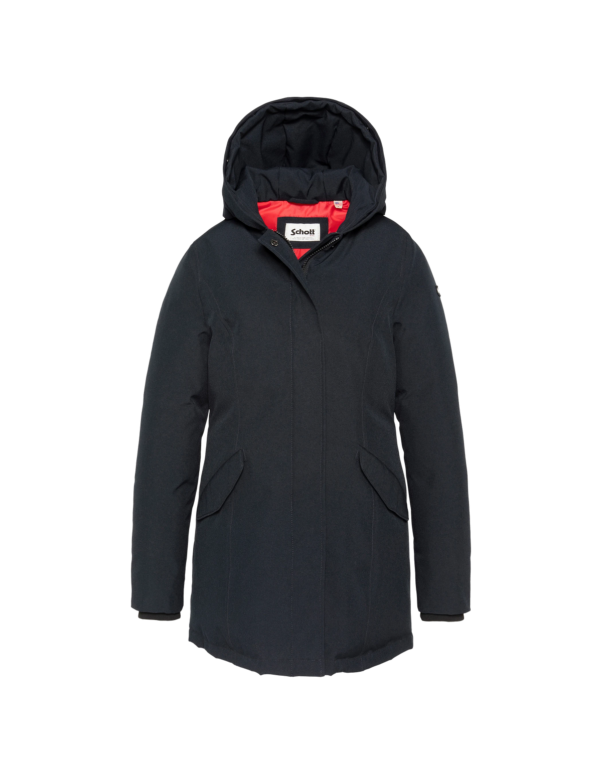Parka blu scuro con cappuccio e finiture in pelliccia sintetica