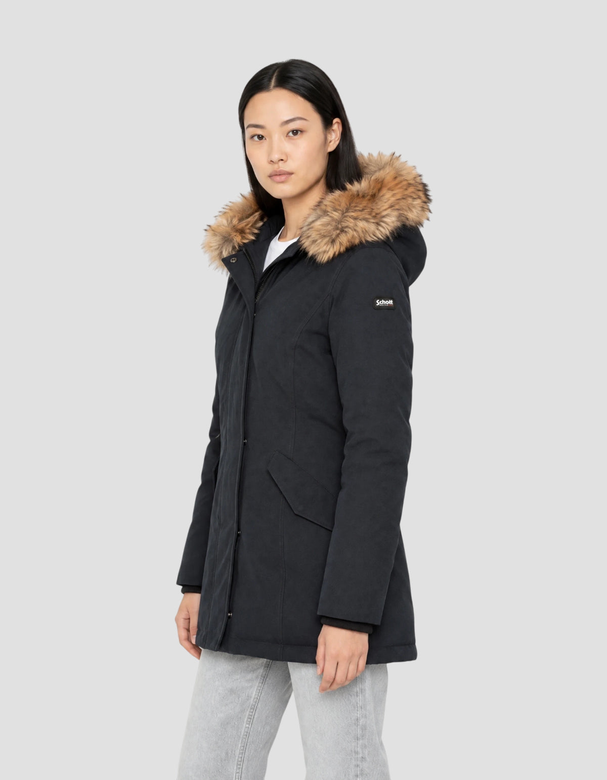 Parka blu navy con cappuccio bordato di pelliccia sintetica-3