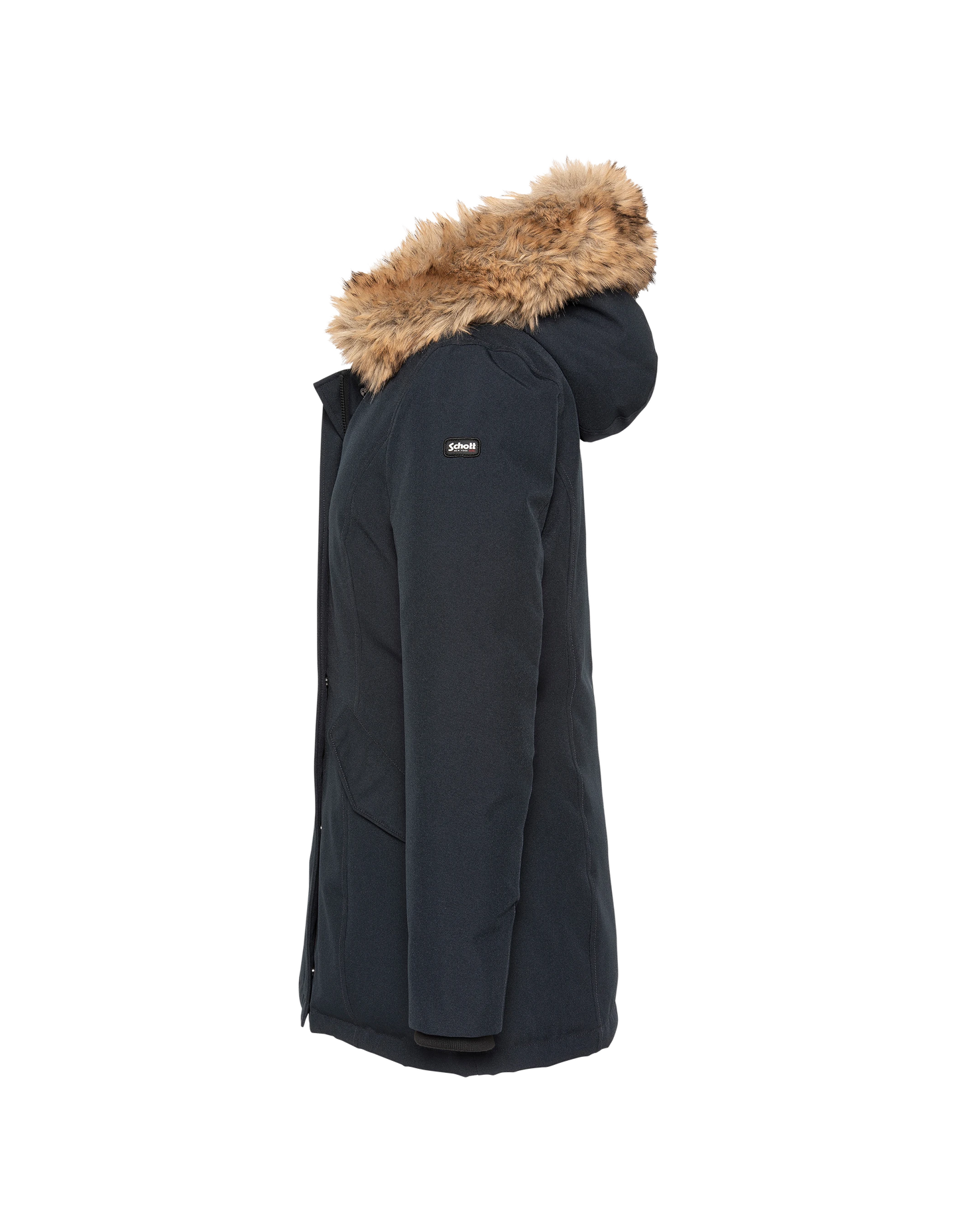 Parka blu scuro con cappuccio e finiture in pelliccia sintetica
