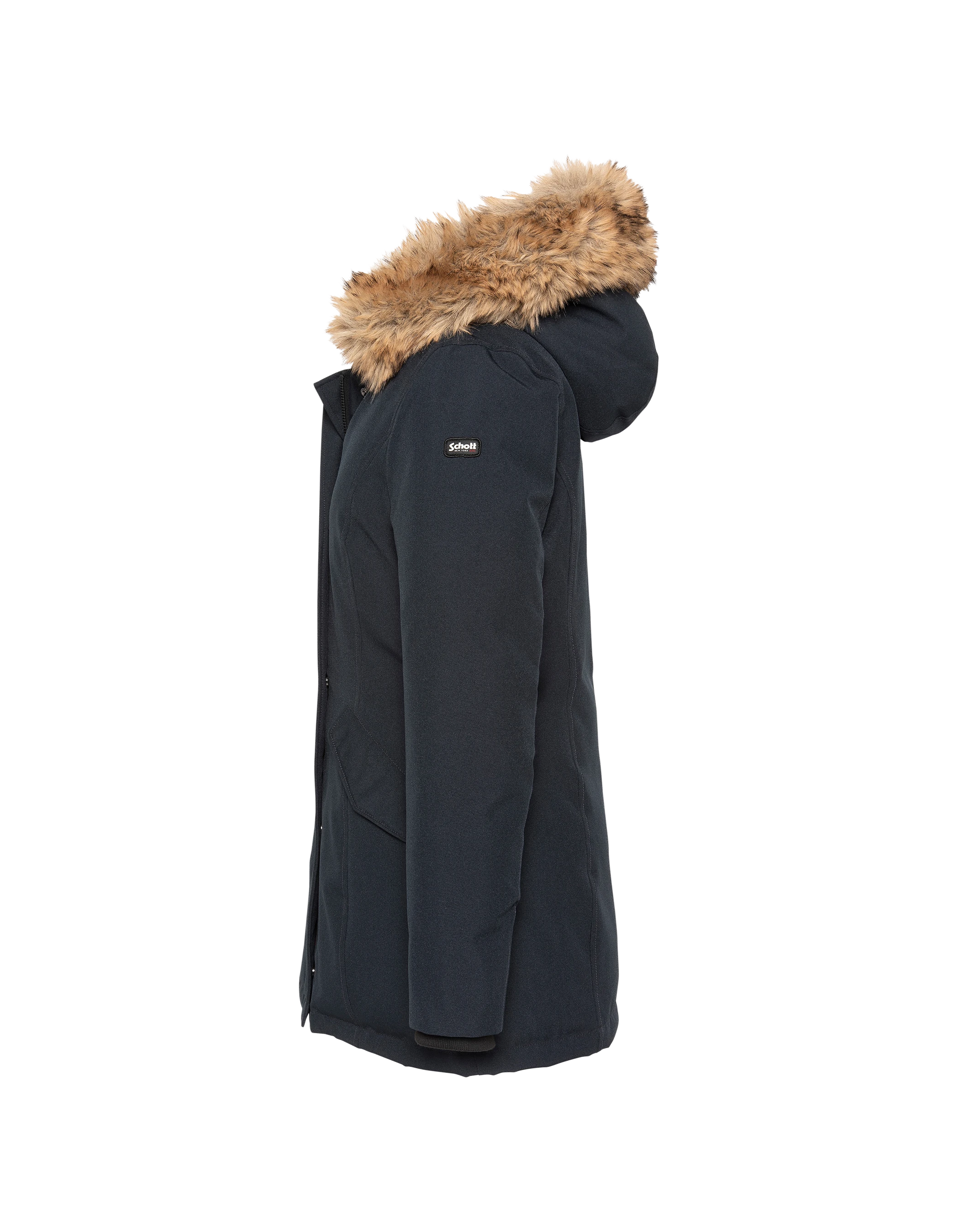 Parka blu scuro con cappuccio e finiture in pelliccia sintetica-4