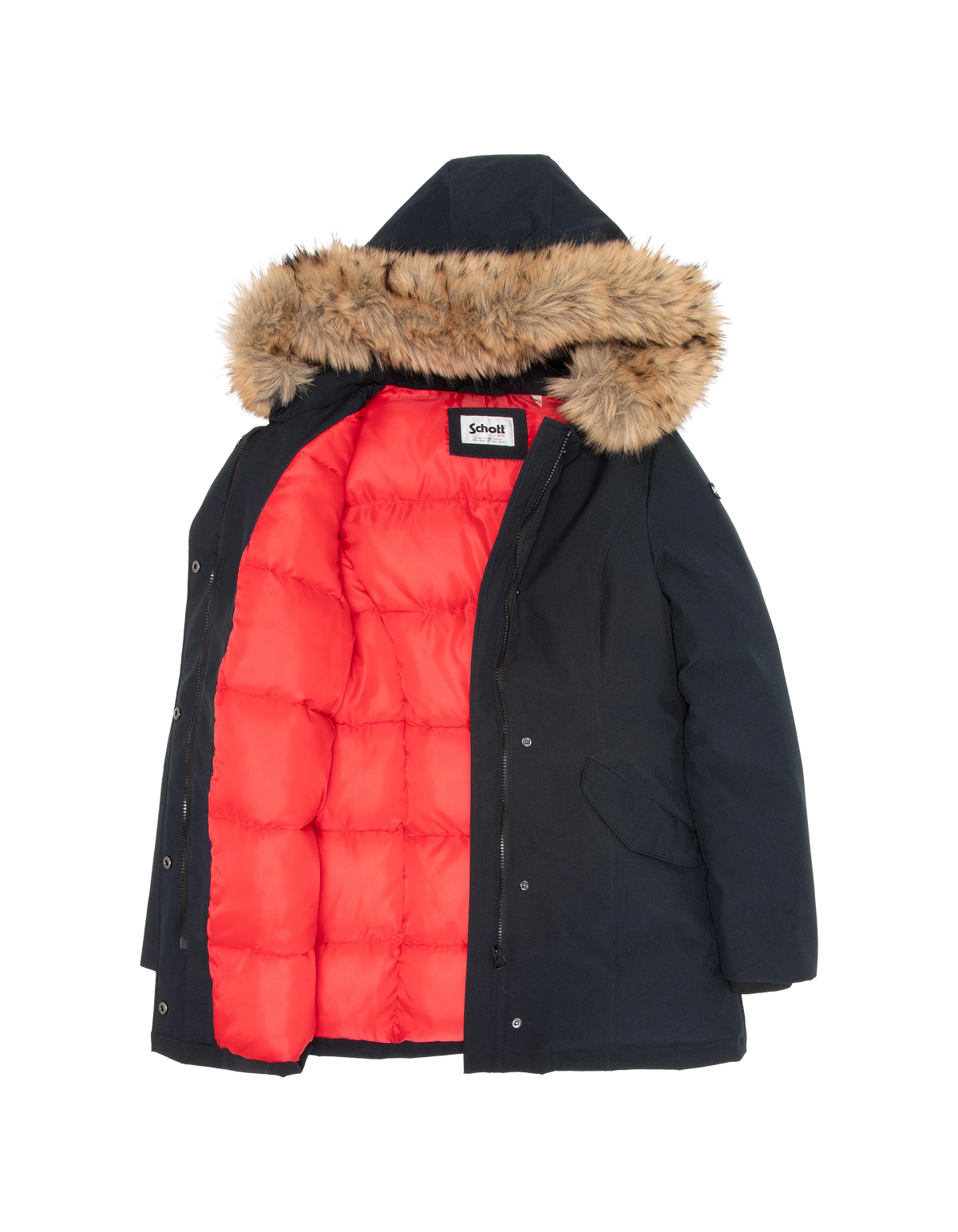 Parka blu scuro con cappuccio e finiture in pelliccia sintetica
