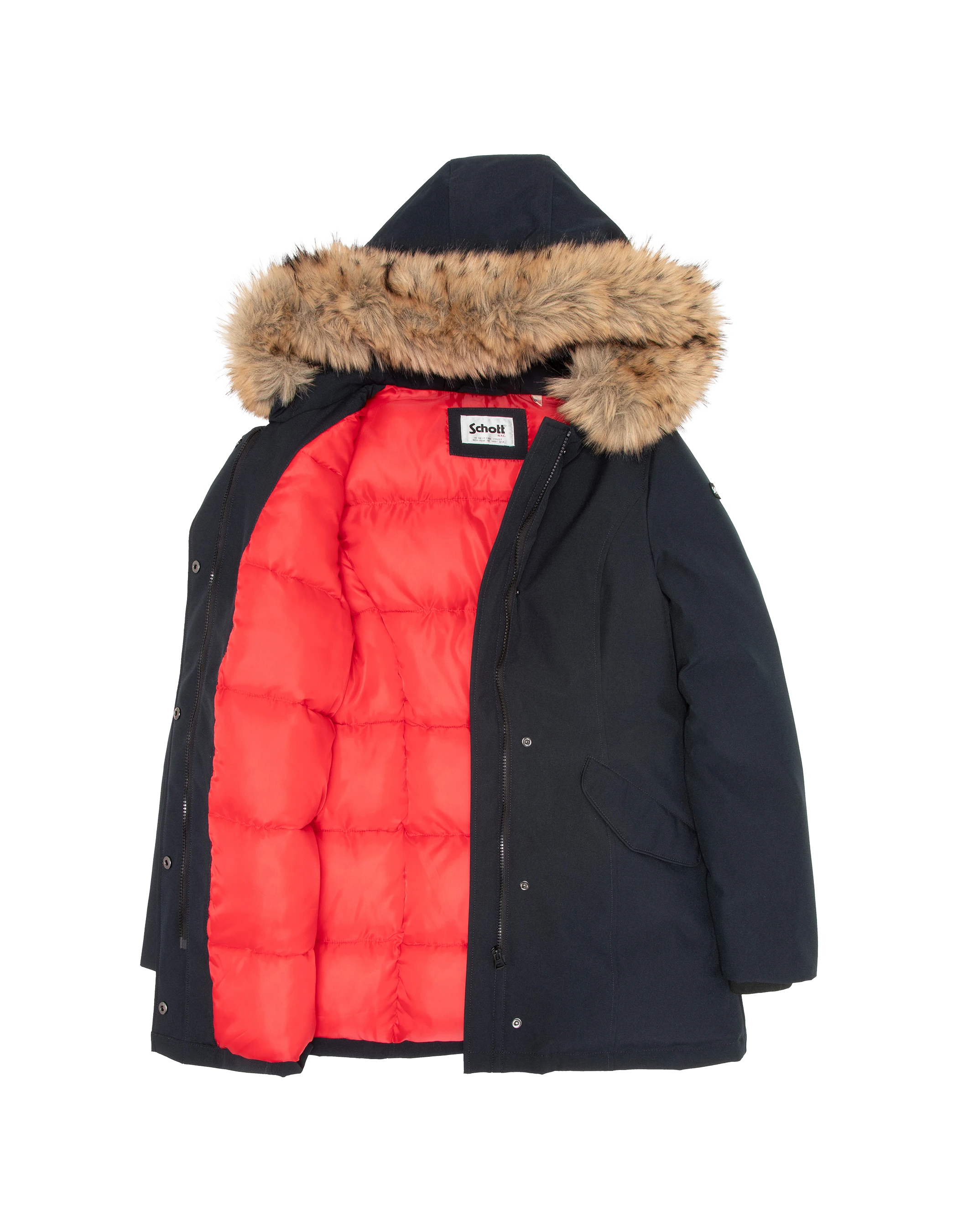Parka blu scuro con cappuccio e finiture in pelliccia sintetica-5