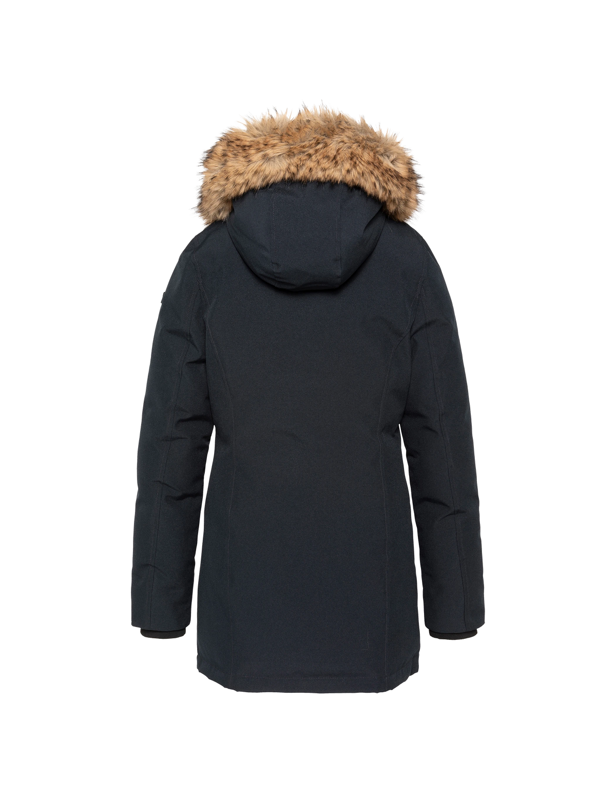 Parka blu scuro con cappuccio e finiture in pelliccia sintetica