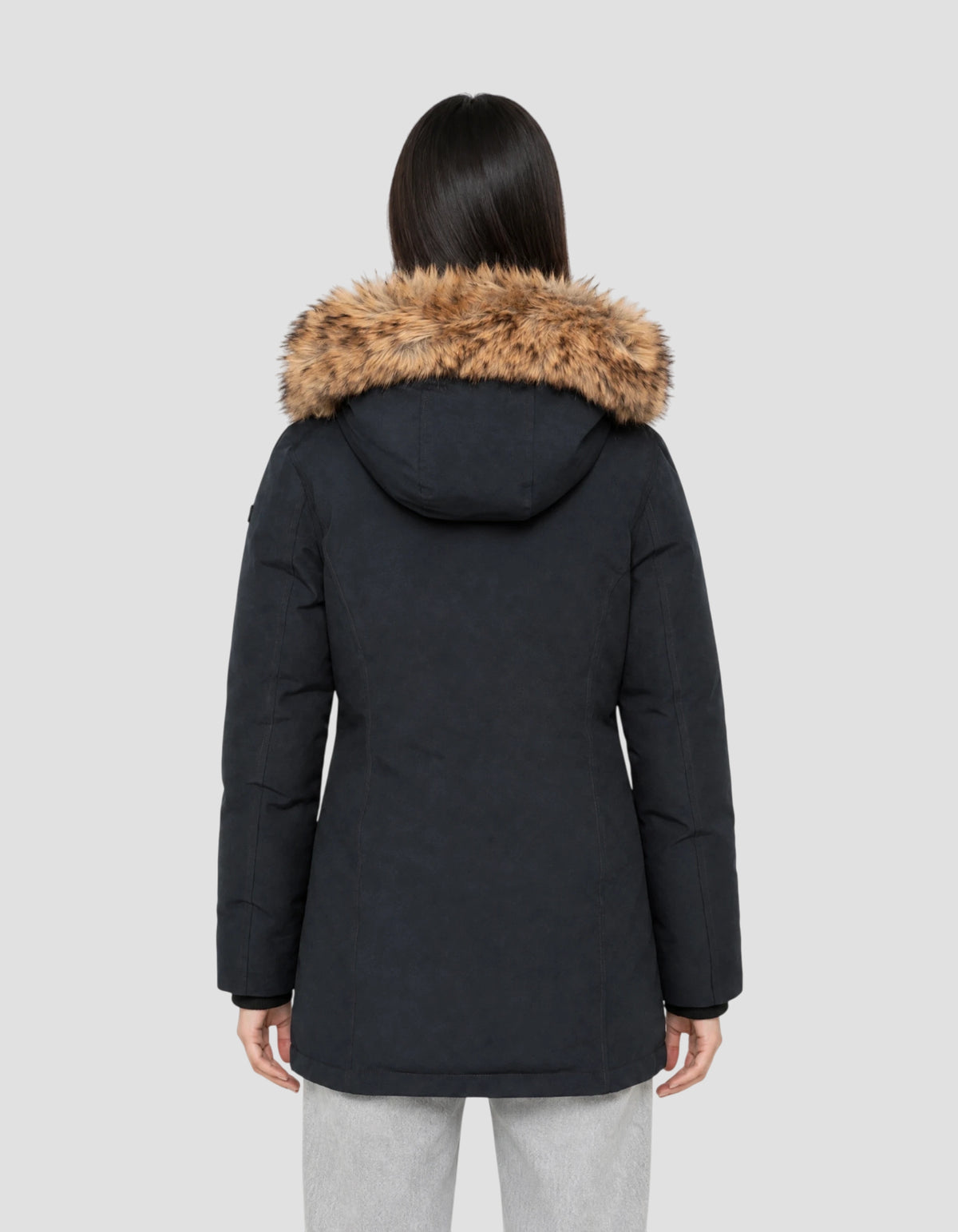 Parka blu navy con cappuccio bordato di pelliccia sintetica-4