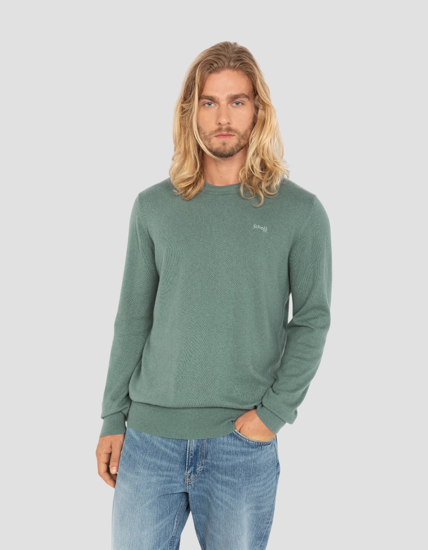 Salbei Khaki runder Nackenpullover in feinem Netz