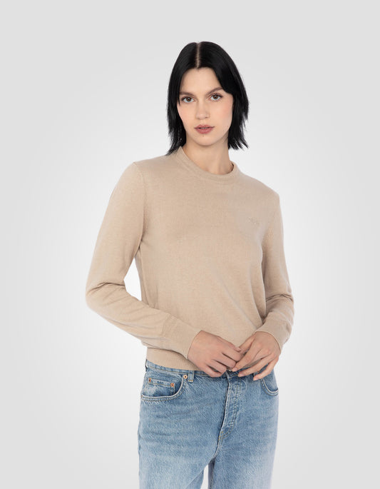 Pull col rond beige clair en maille fine
