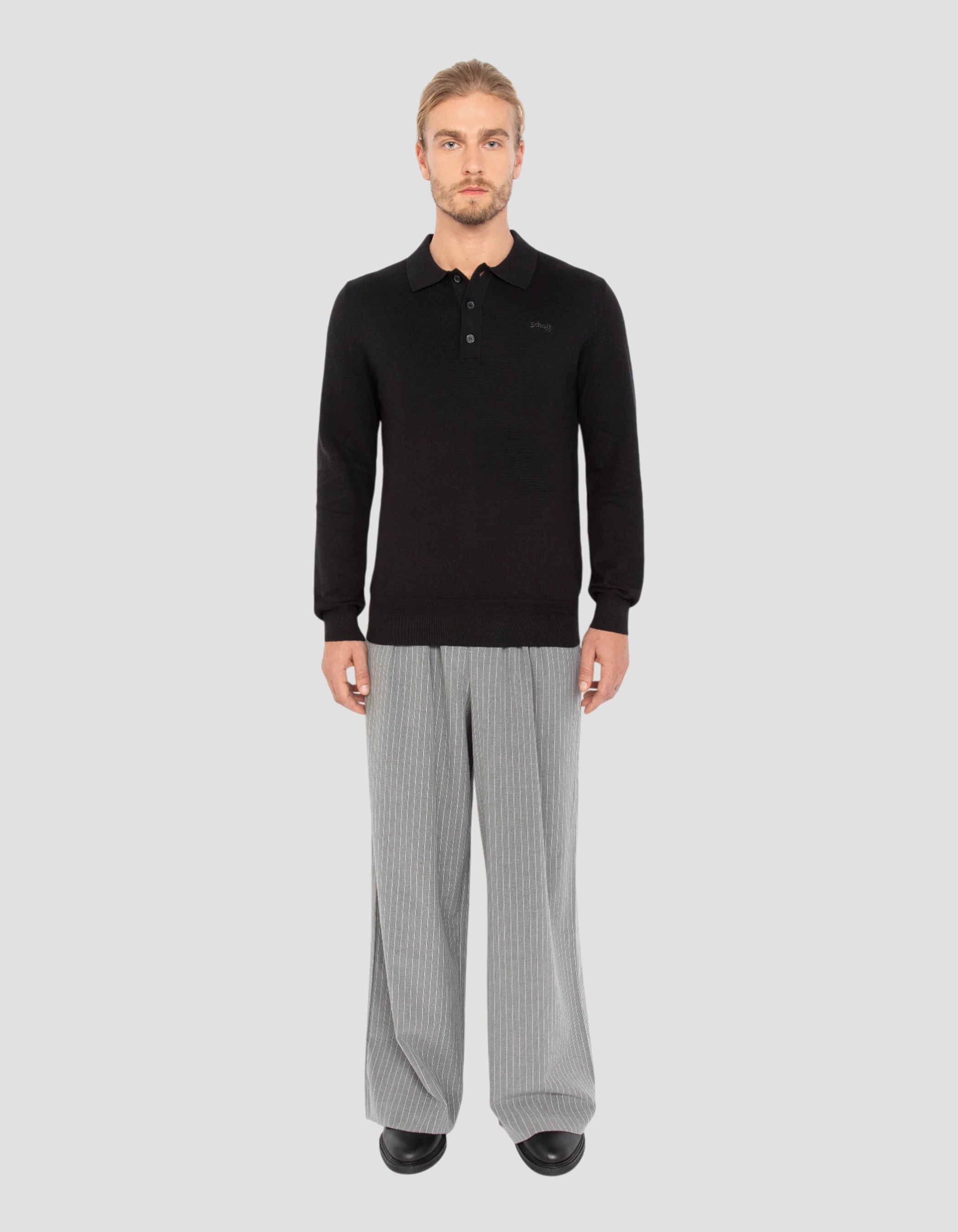 Pull col polo noir en maille fine-1