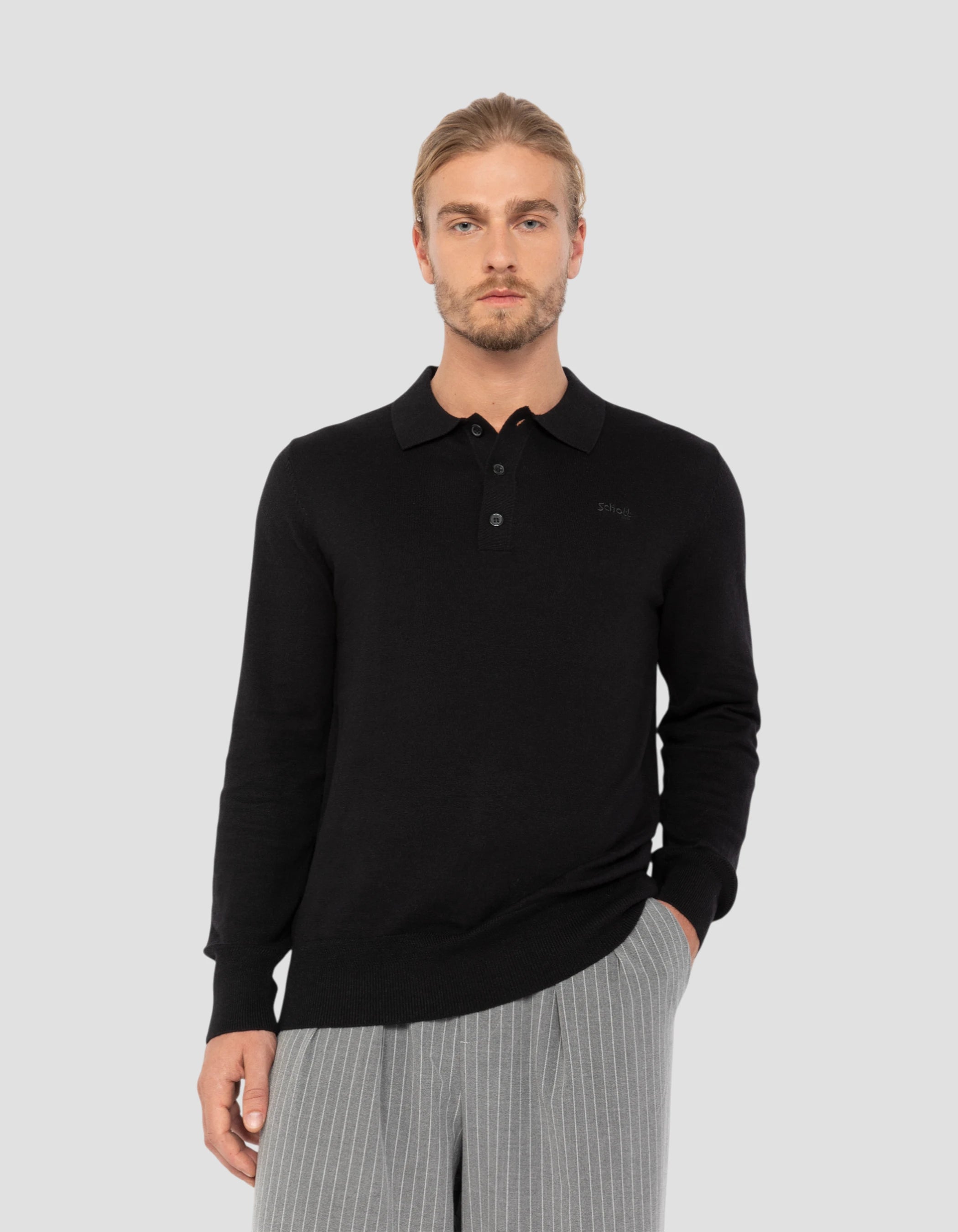 Pull col polo noir en maille fine-3