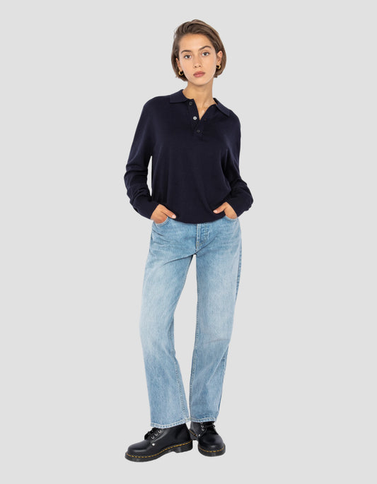 Pull col polo bleu marine en maille fine