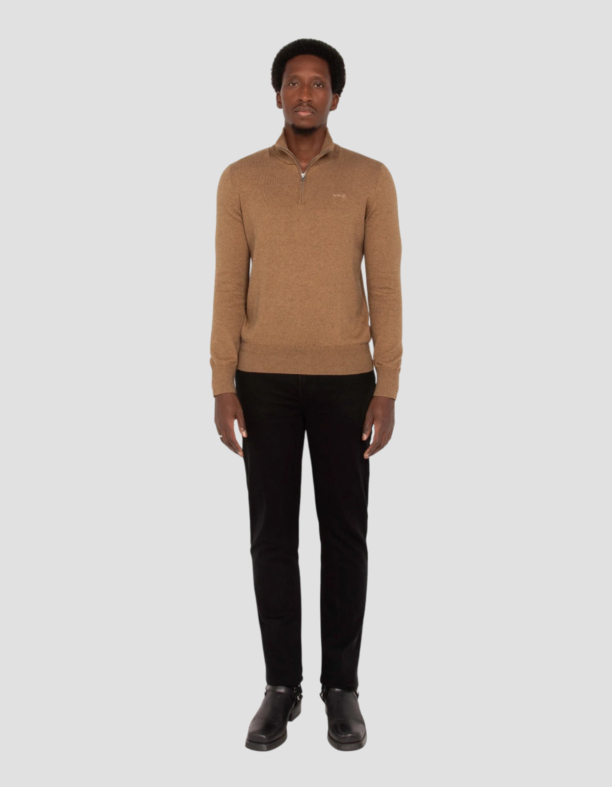 Camel fine knit quarter-zip sweater-1