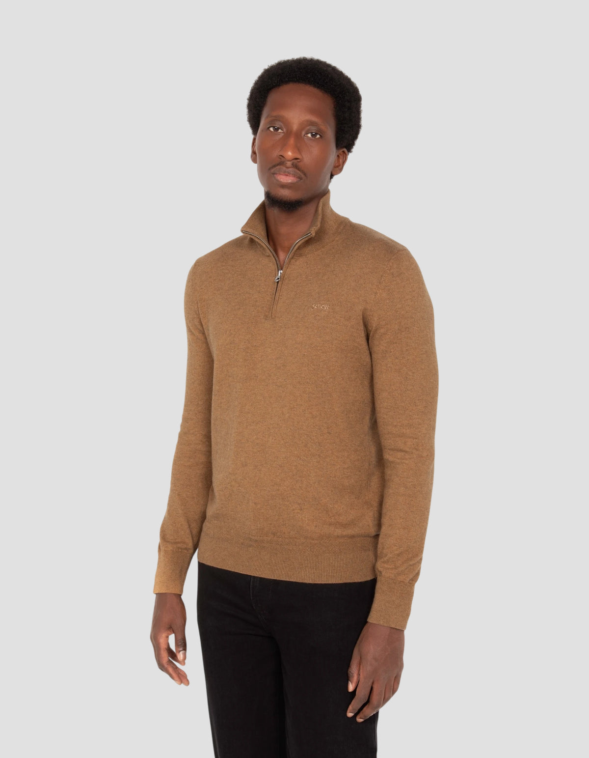Camel fine knit quarter-zip sweater