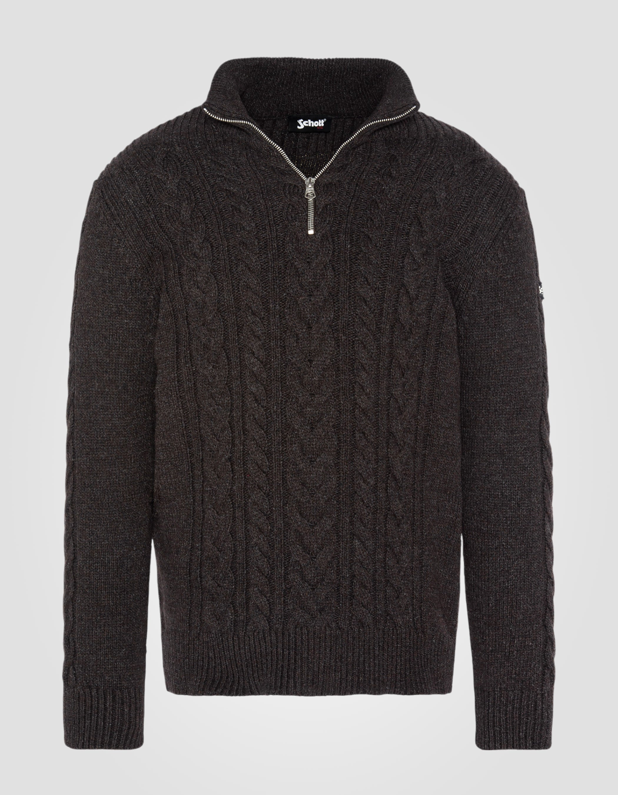 Dunkelbrauner Trucker -Pullover mit isländischen Wendungen im recycelten Draht-1