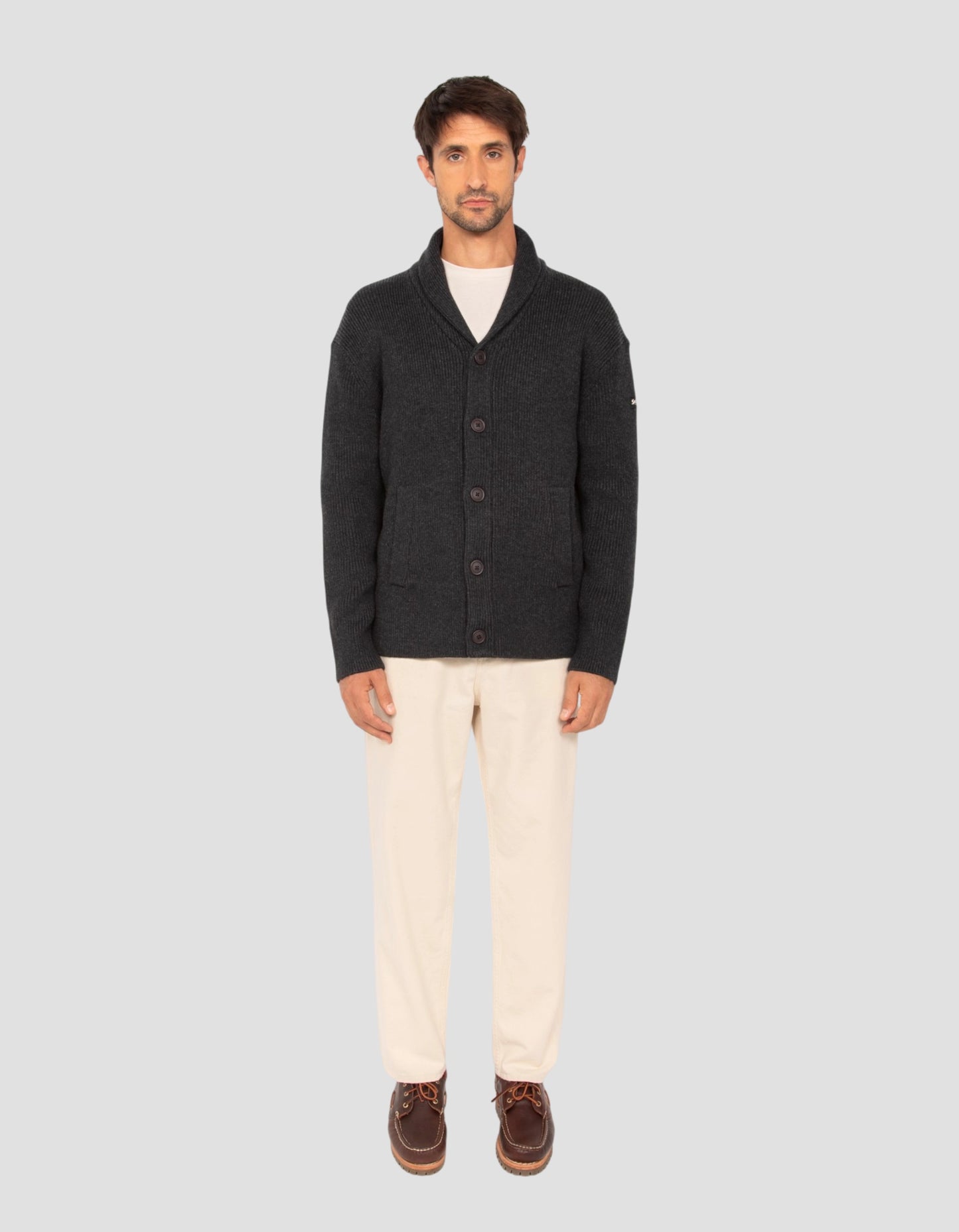 Anthrazit melierter Rippstrick-Cardigan mit Schalkragen