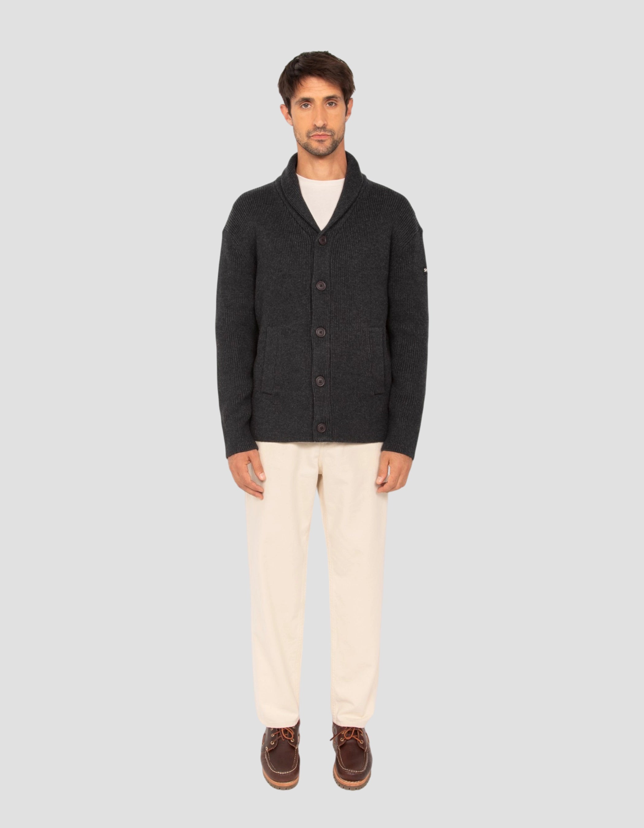 Anthrazit melierter Rippstrick-Cardigan mit Schalkragen-1