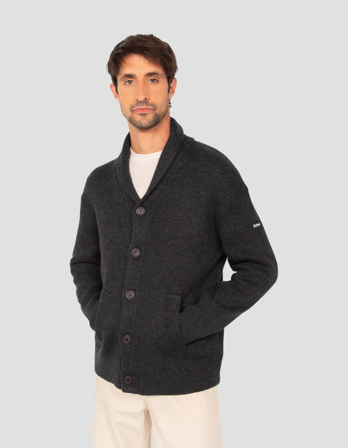 Anthrazit melierter Rippstrick-Cardigan mit Schalkragen