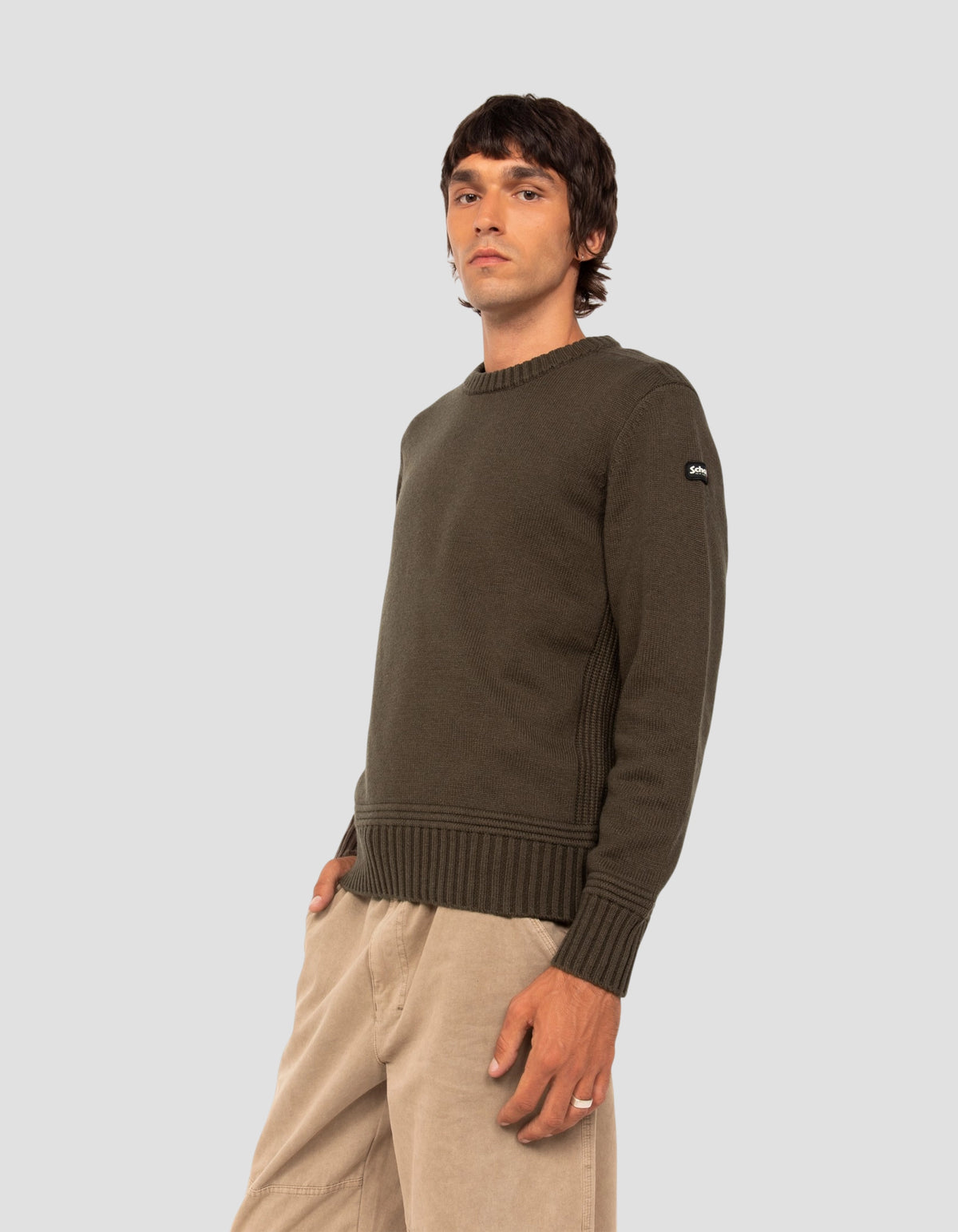 Dunkelkhakifarbener, ausgefallener Strickpullover mit Rundhalsausschnitt-3