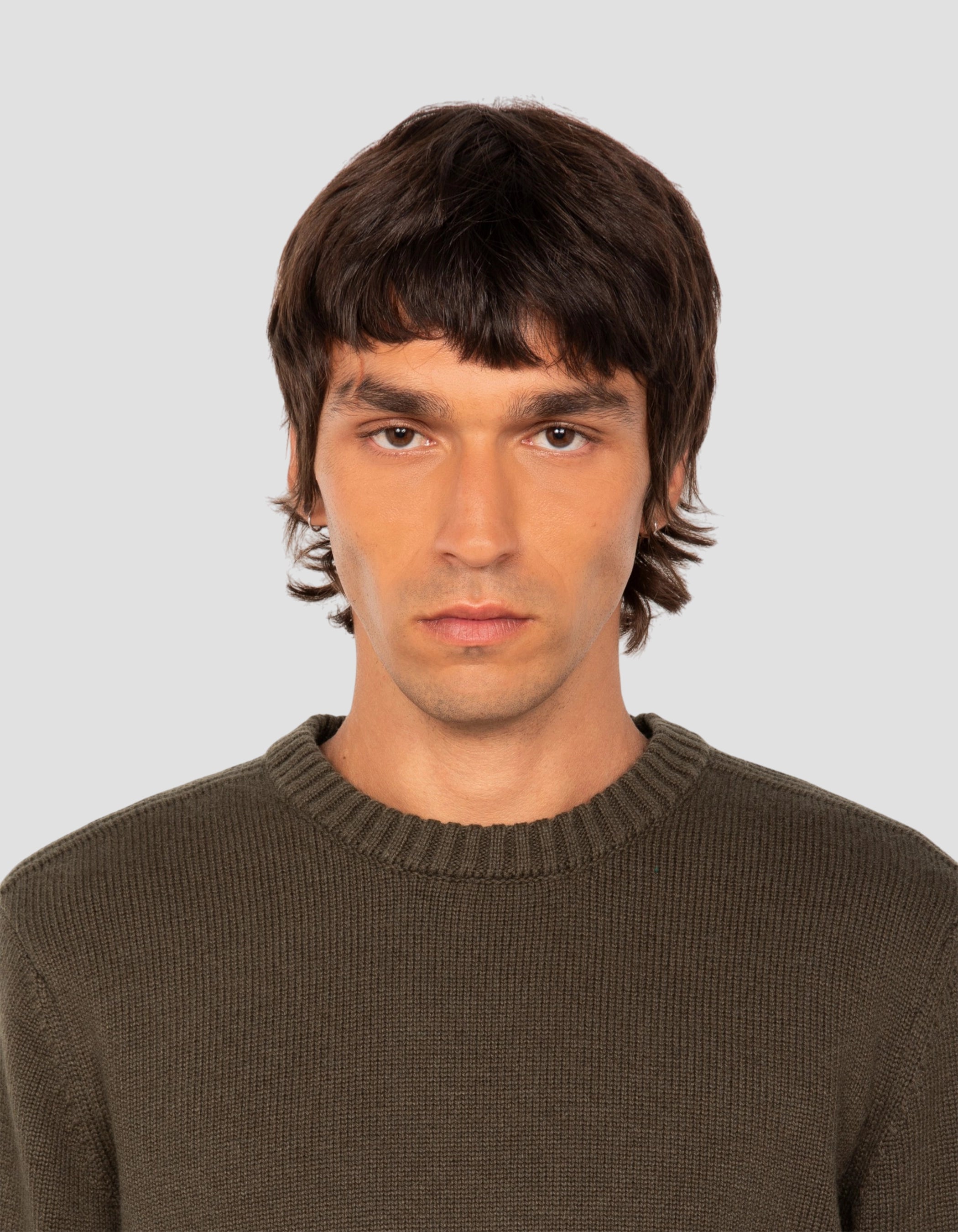 Dunkelkhakifarbener, ausgefallener Strickpullover mit Rundhalsausschnitt-4