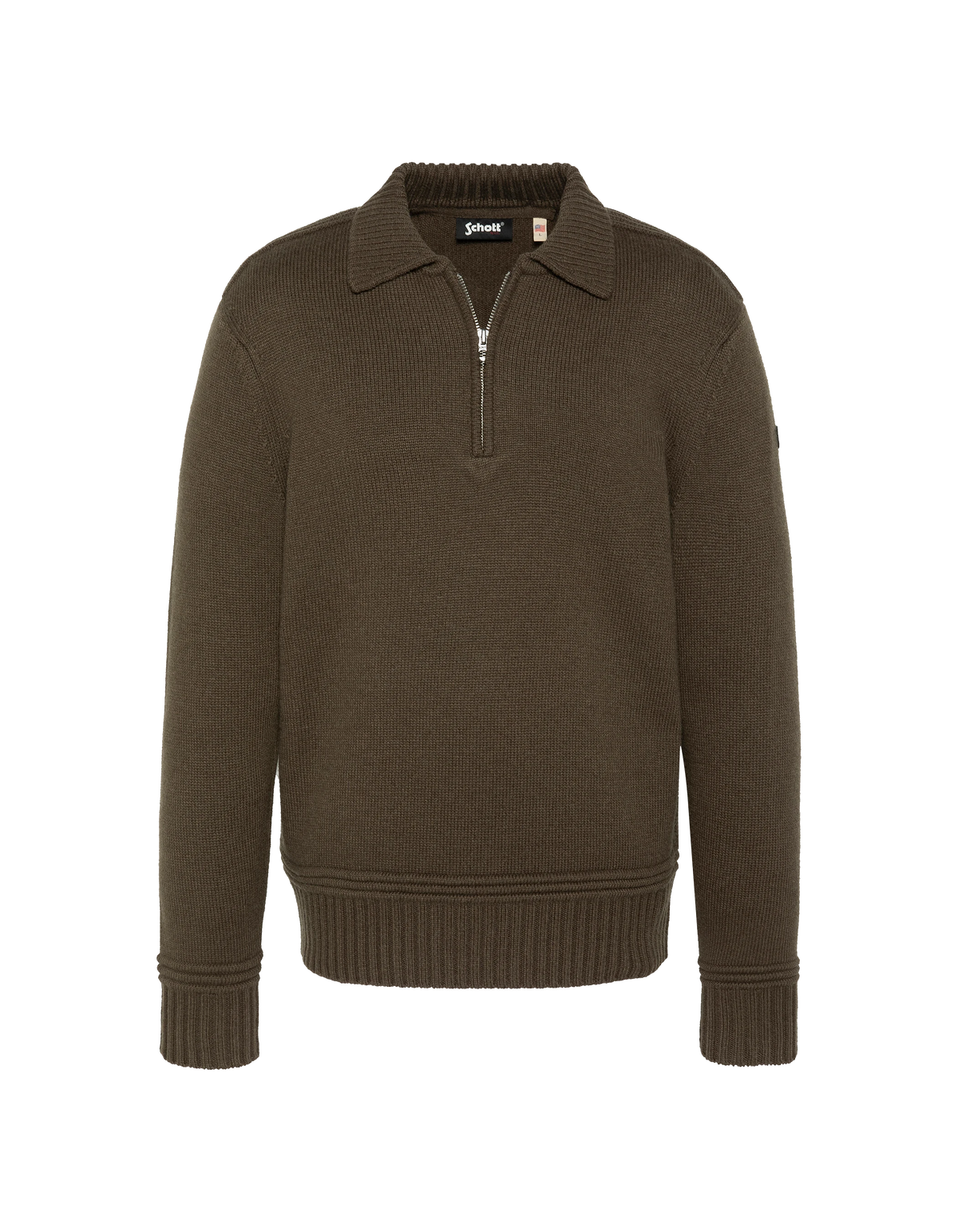 Maglione color kaki scuro con colletto polo con zip e lavorazione a maglia fantasia