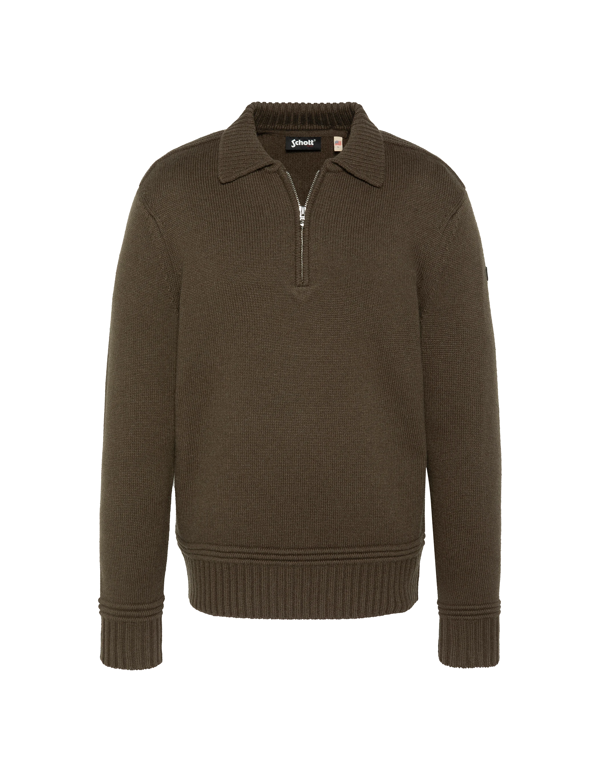Maglione color kaki scuro con colletto polo con zip e lavorazione a maglia fantasia-1