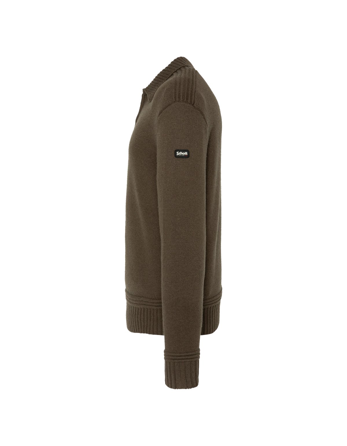 Maglione color kaki scuro con colletto polo con zip e lavorazione a maglia fantasia