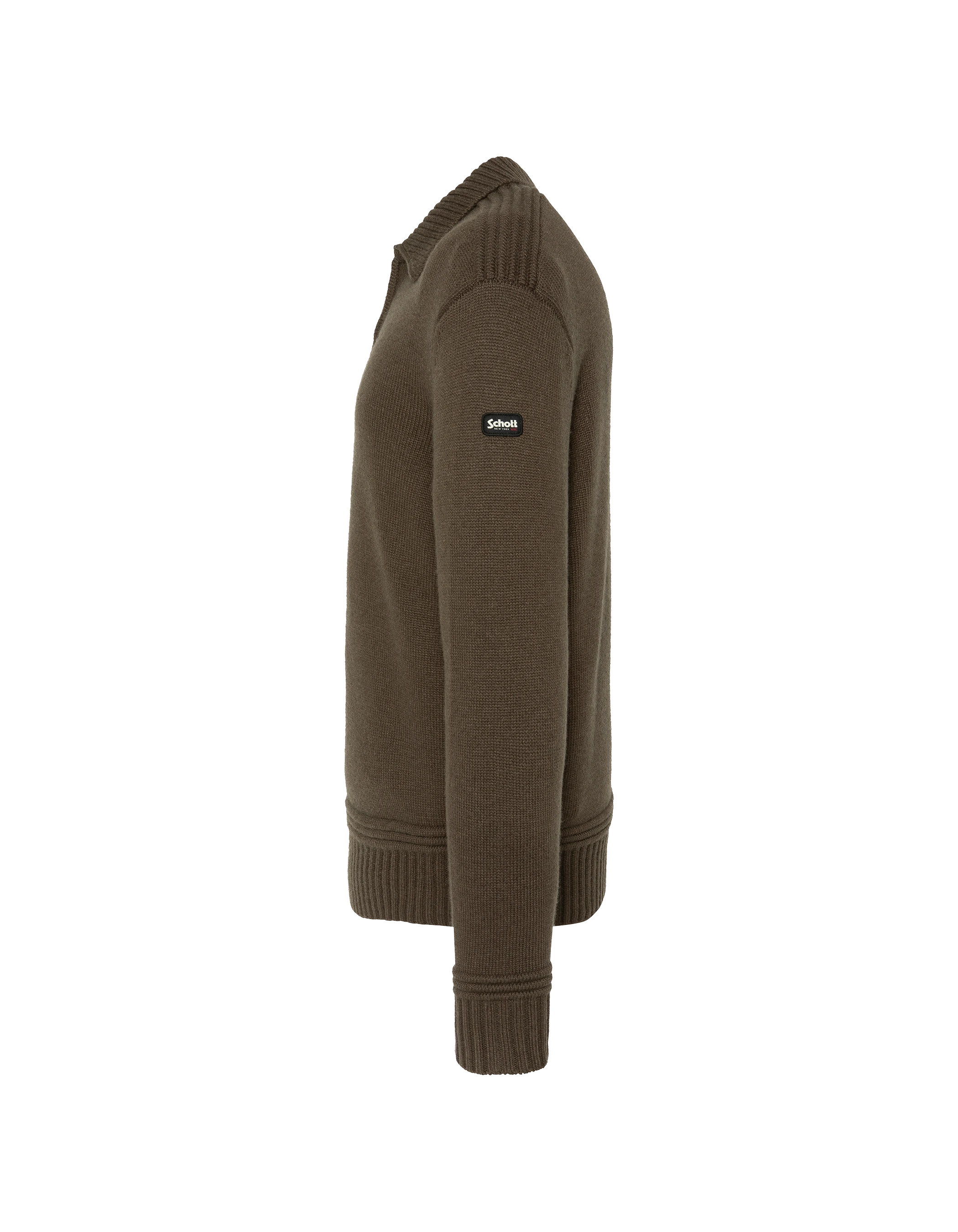 Maglione color kaki scuro con colletto polo con zip e lavorazione a maglia fantasia-3