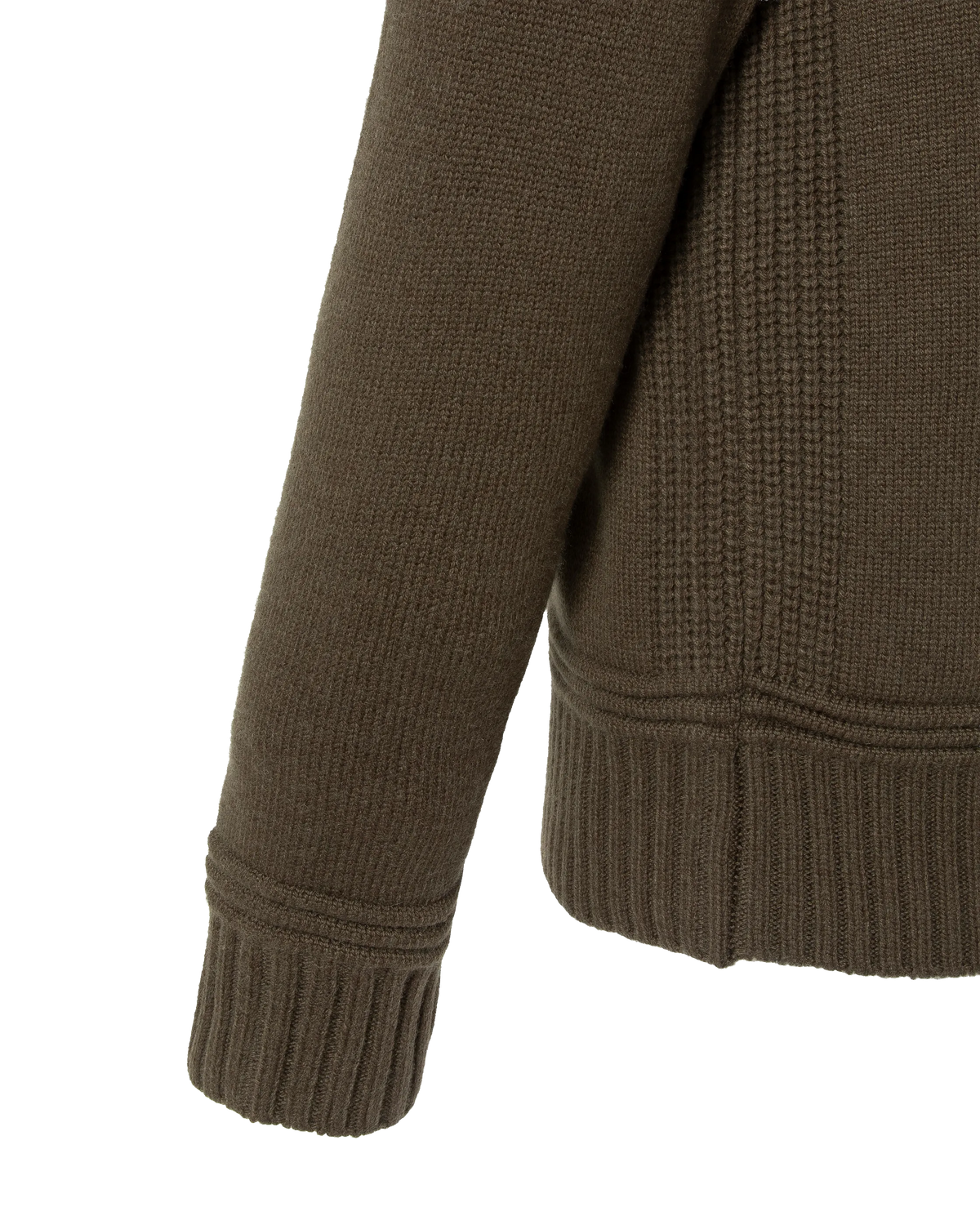 Maglione color kaki scuro con colletto polo con zip e lavorazione a maglia fantasia