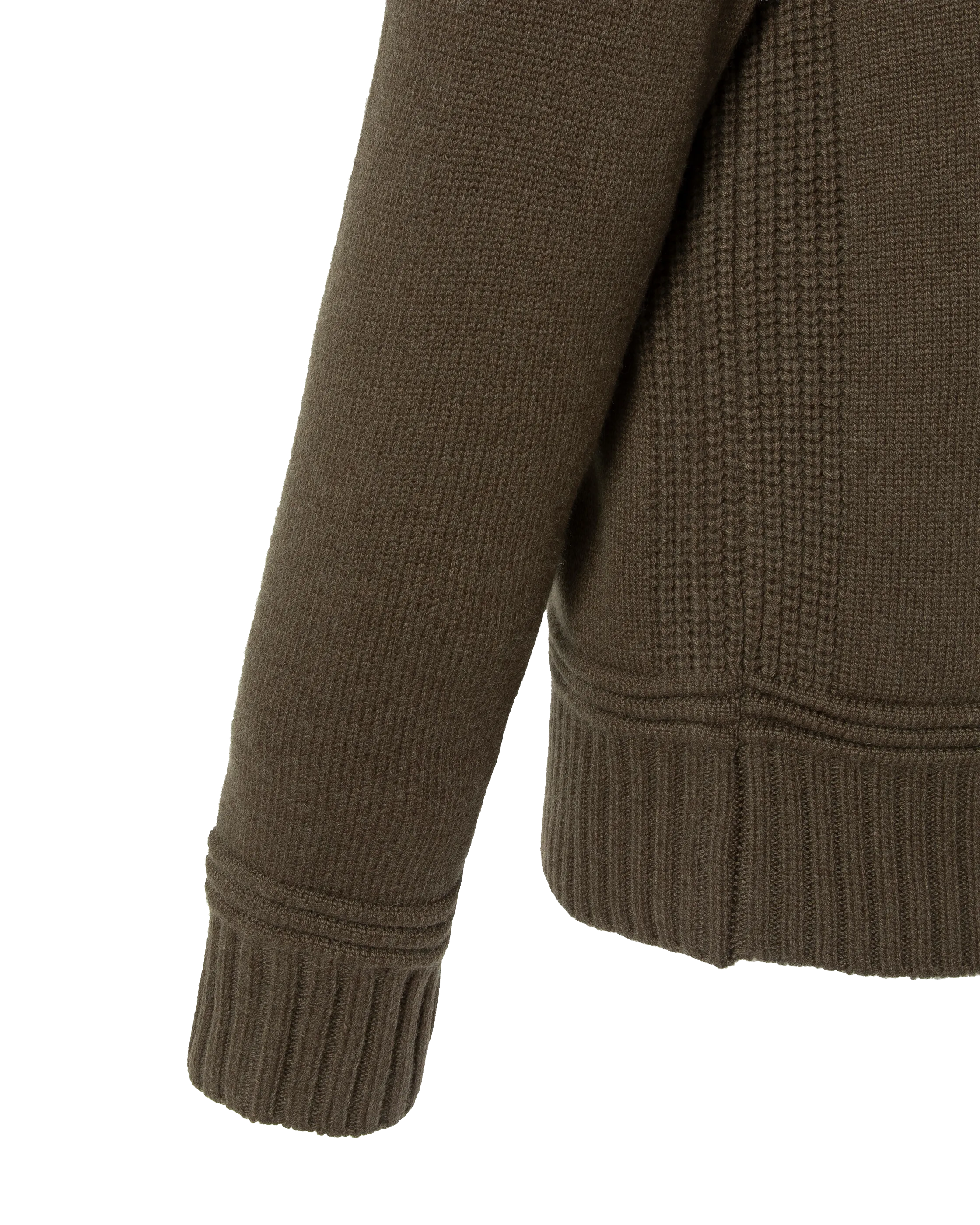 Maglione color kaki scuro con colletto polo con zip e lavorazione a maglia fantasia-4