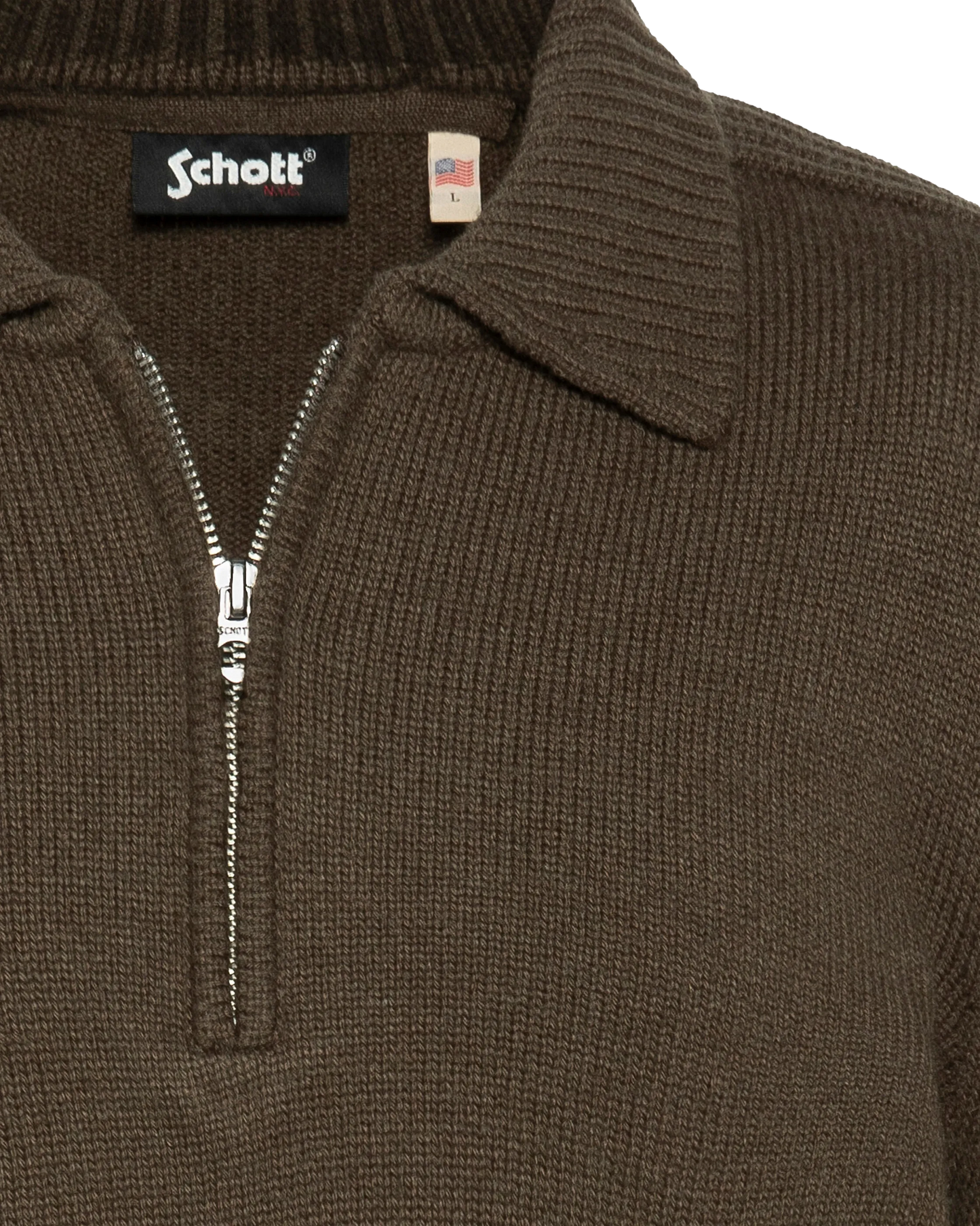 Maglione color kaki scuro con colletto polo con zip e lavorazione a maglia fantasia