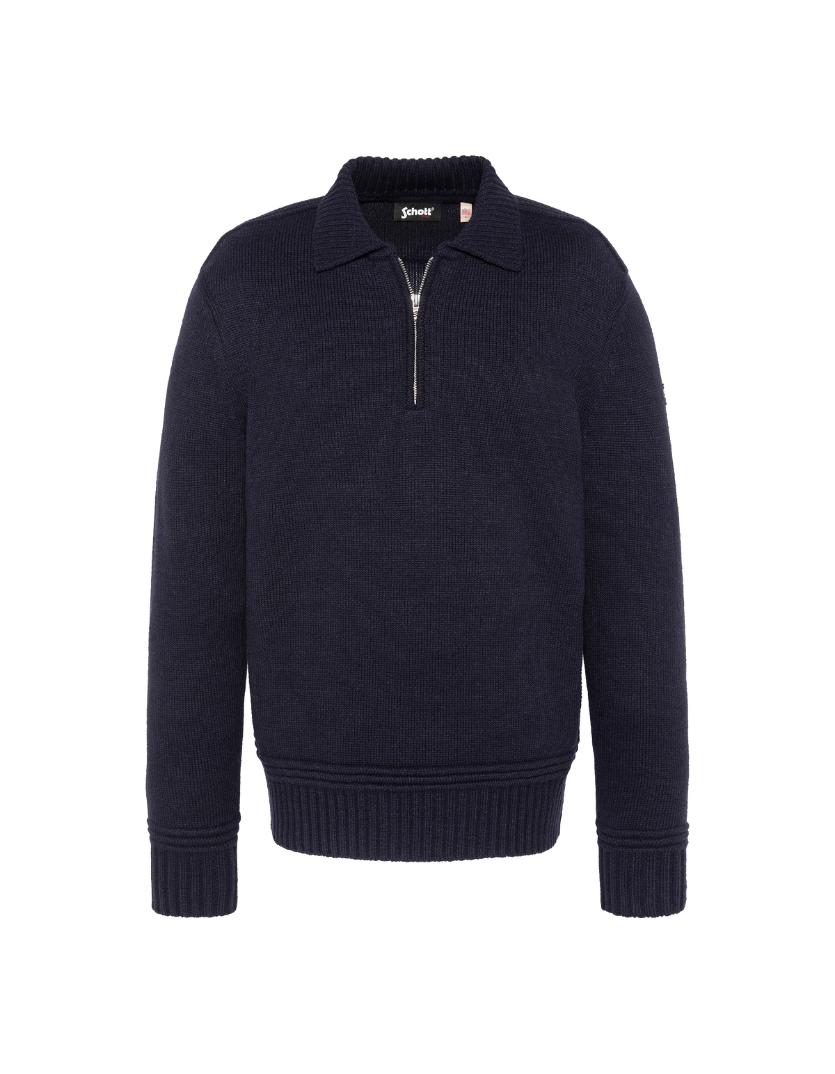 Maglione blu navy con colletto polo con zip e lavorazione a maglia fantasia