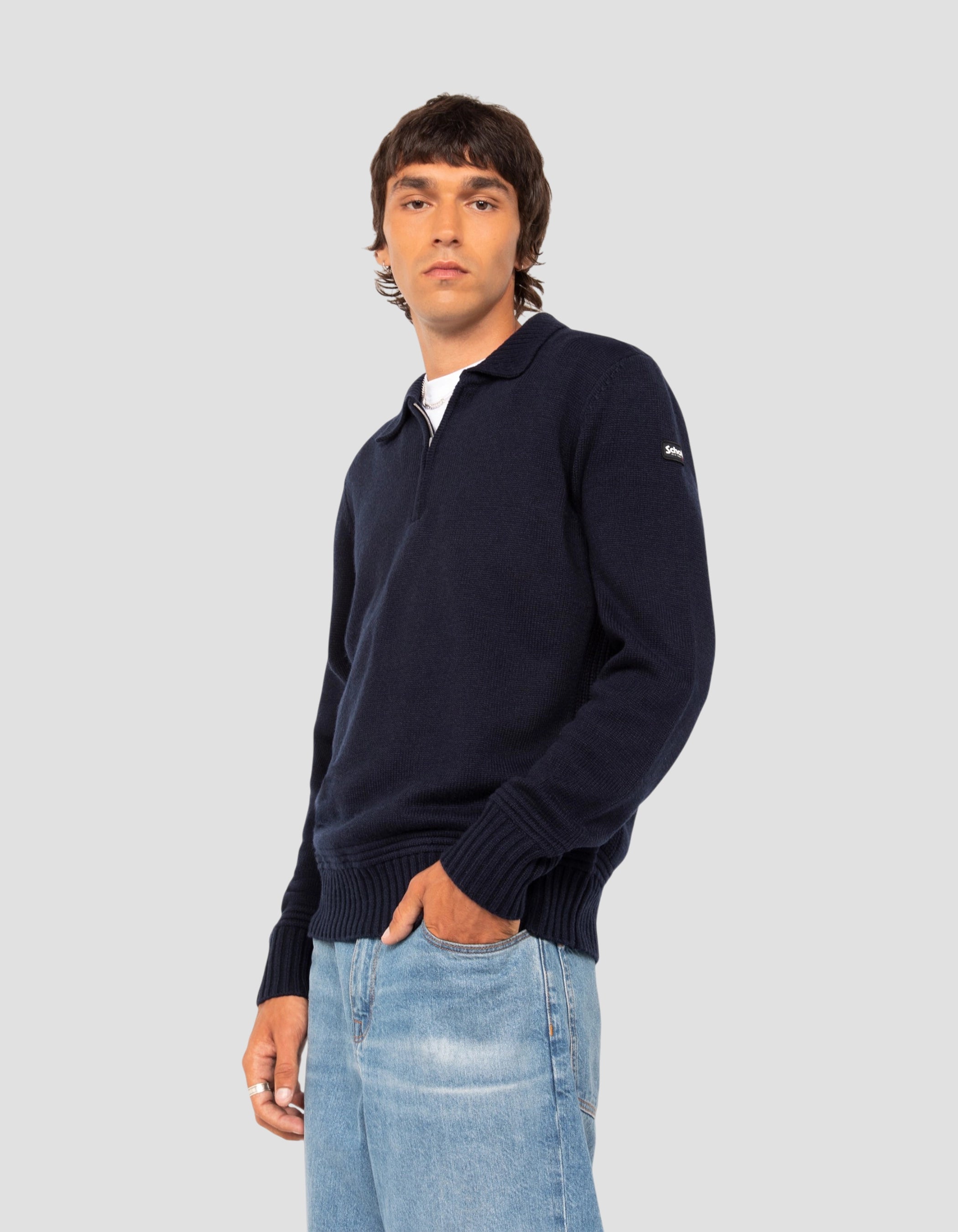 Maglione blu navy con colletto polo con zip e lavorazione a maglia fantasia-3