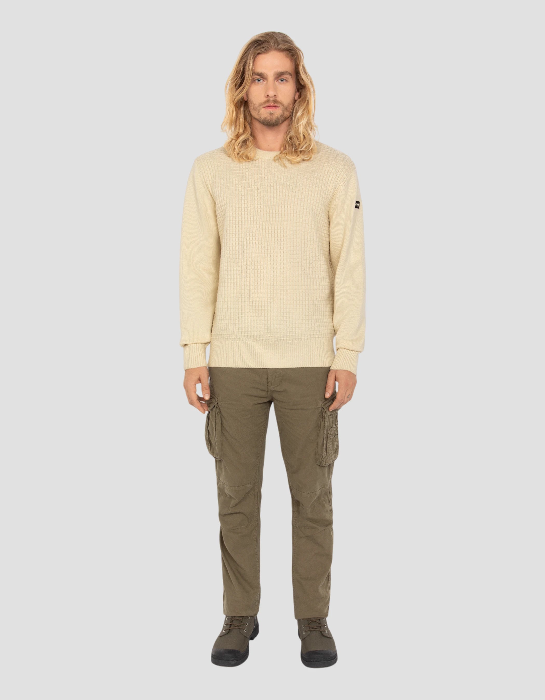 Suéter de cuello redondo blanco roto, malla elegante-1