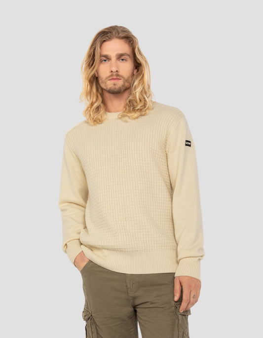 Pull col rond blanc cassé, maille fantaisie