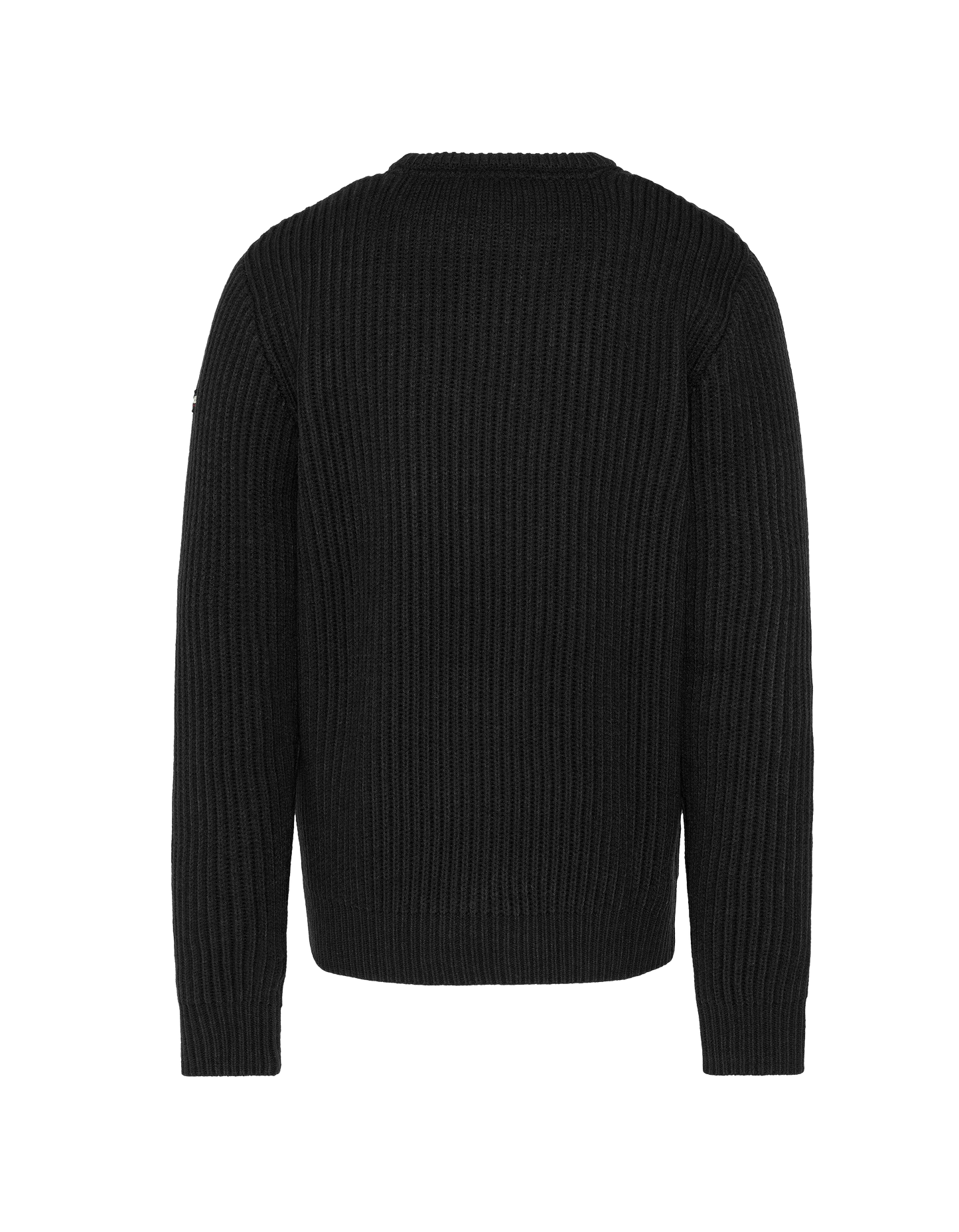 Black round neck sweater, ribbed mesh