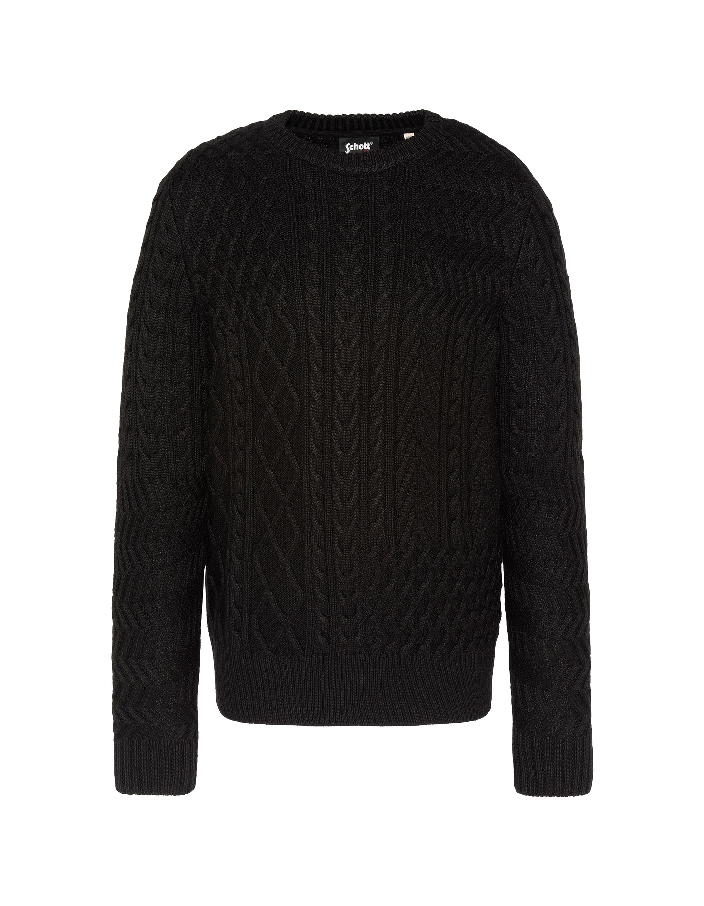 Suéter de cuello redondo negro, malla retorcida