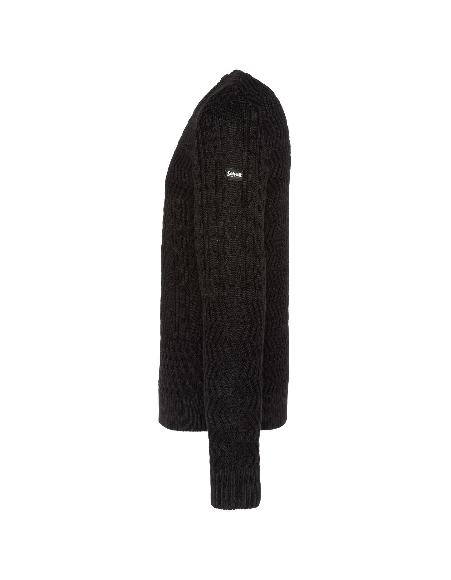 Suéter de cuello redondo negro, malla retorcida