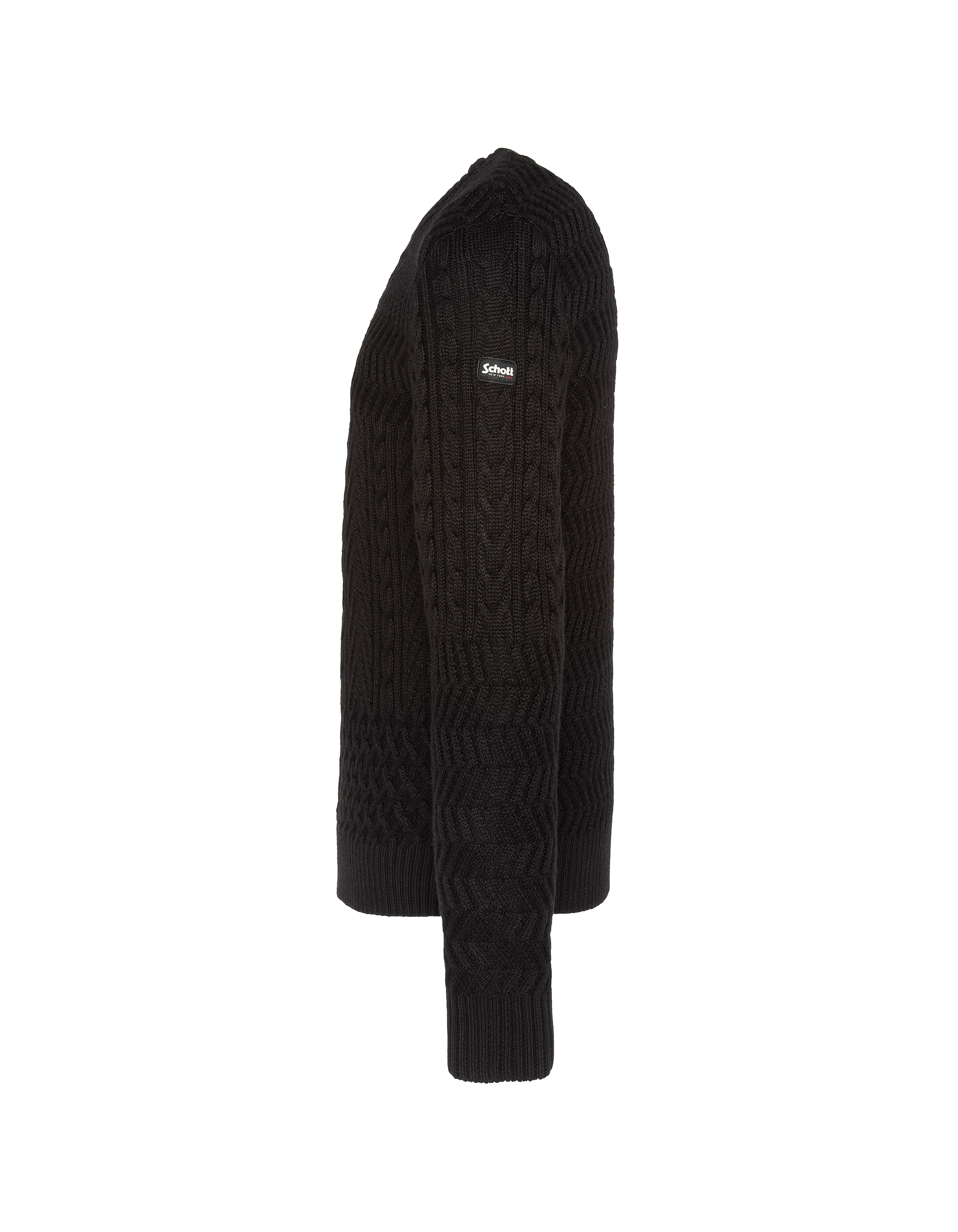 Suéter de cuello redondo negro, malla retorcida-3