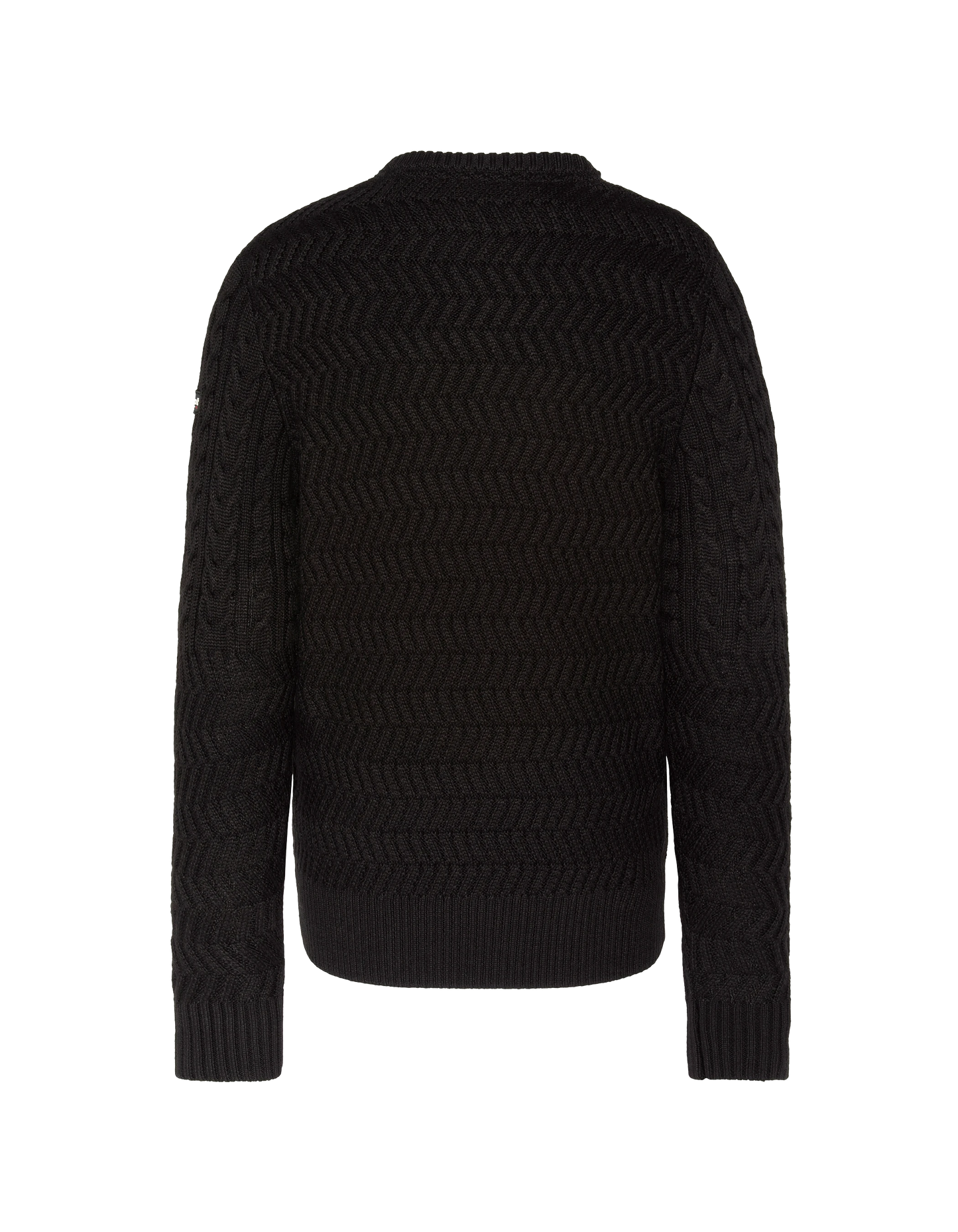 Suéter de cuello redondo negro, malla retorcida