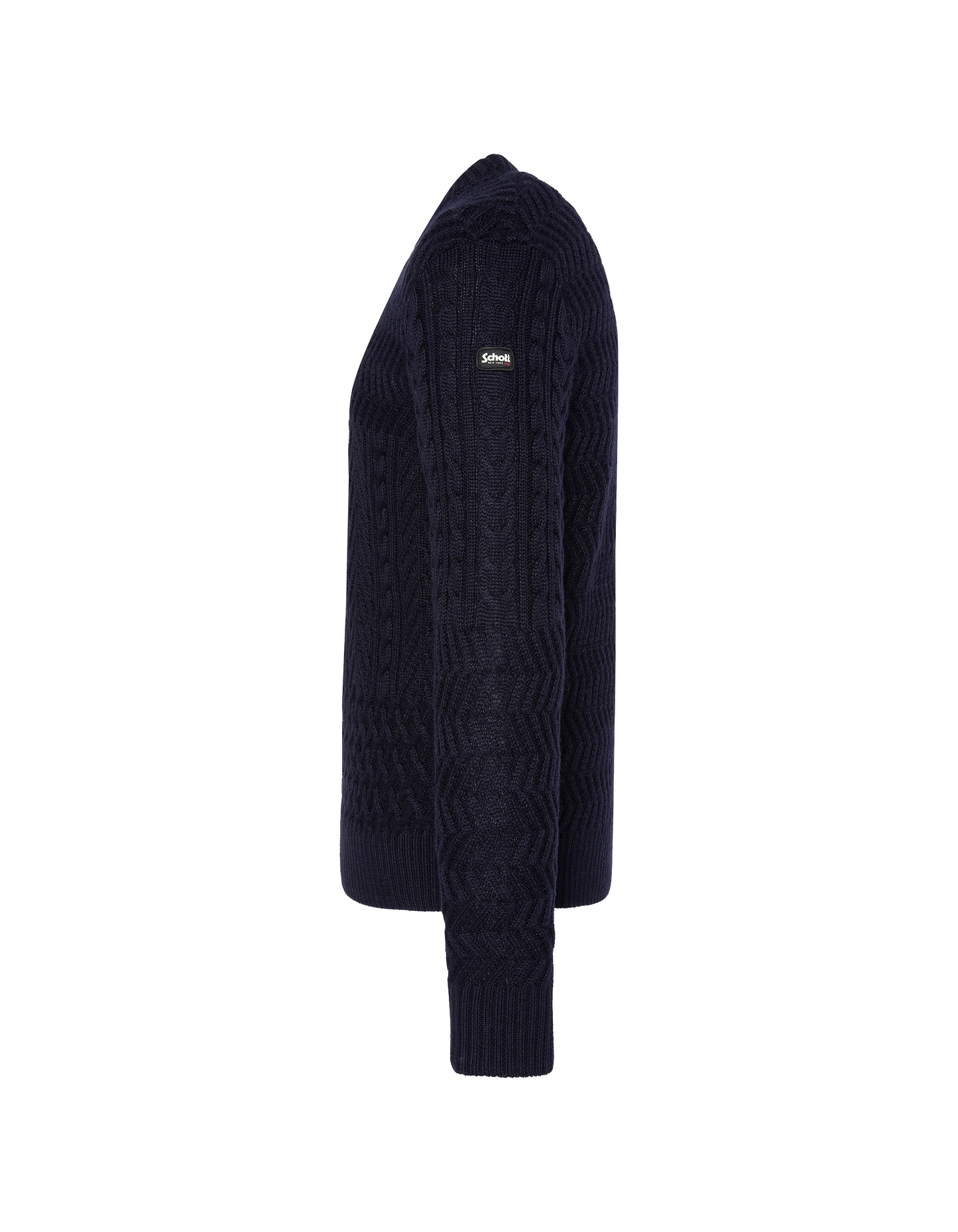 Suéter de cuello redondo azul marino, malla retorcida