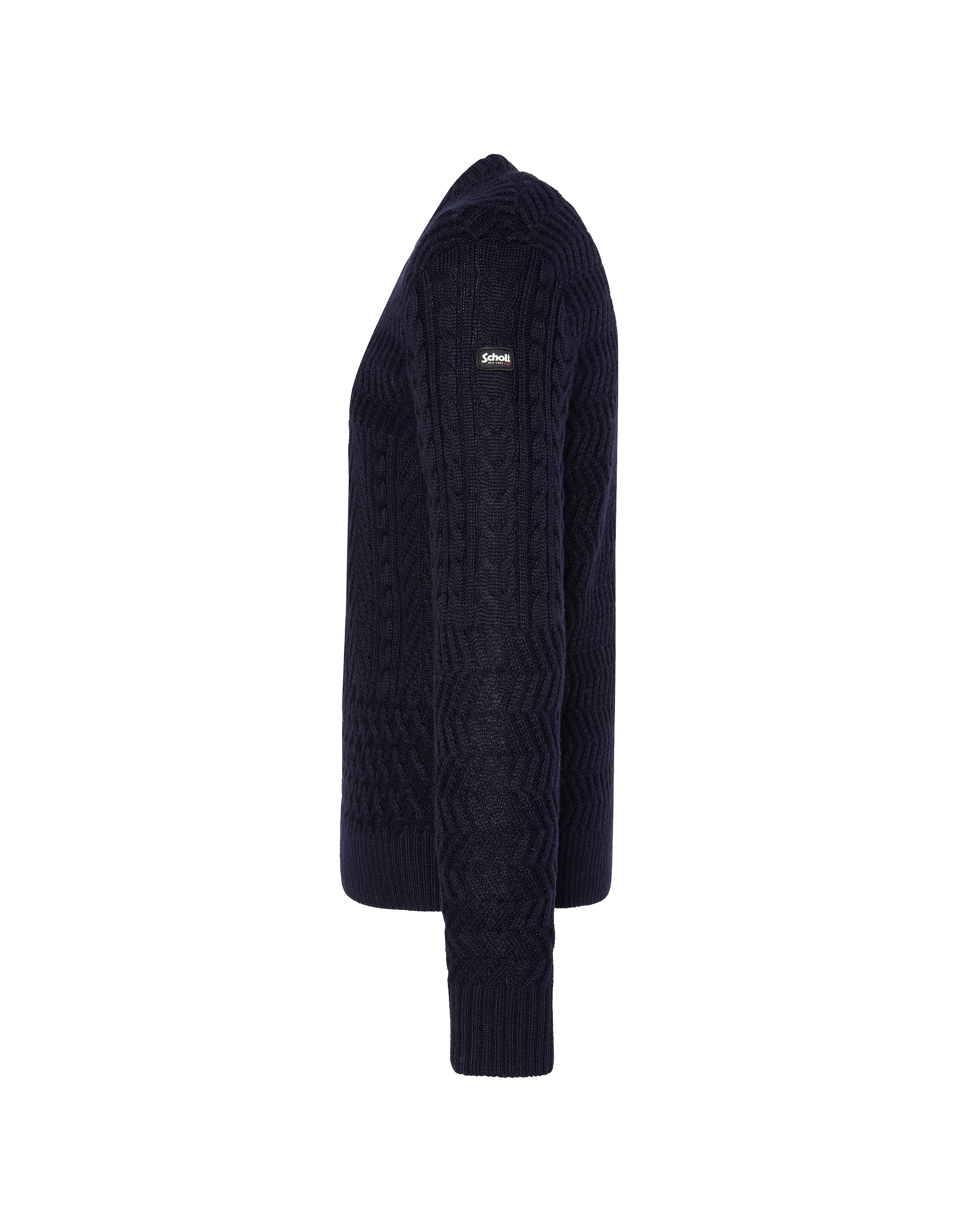 Suéter de cuello redondo azul marino, malla retorcida-3