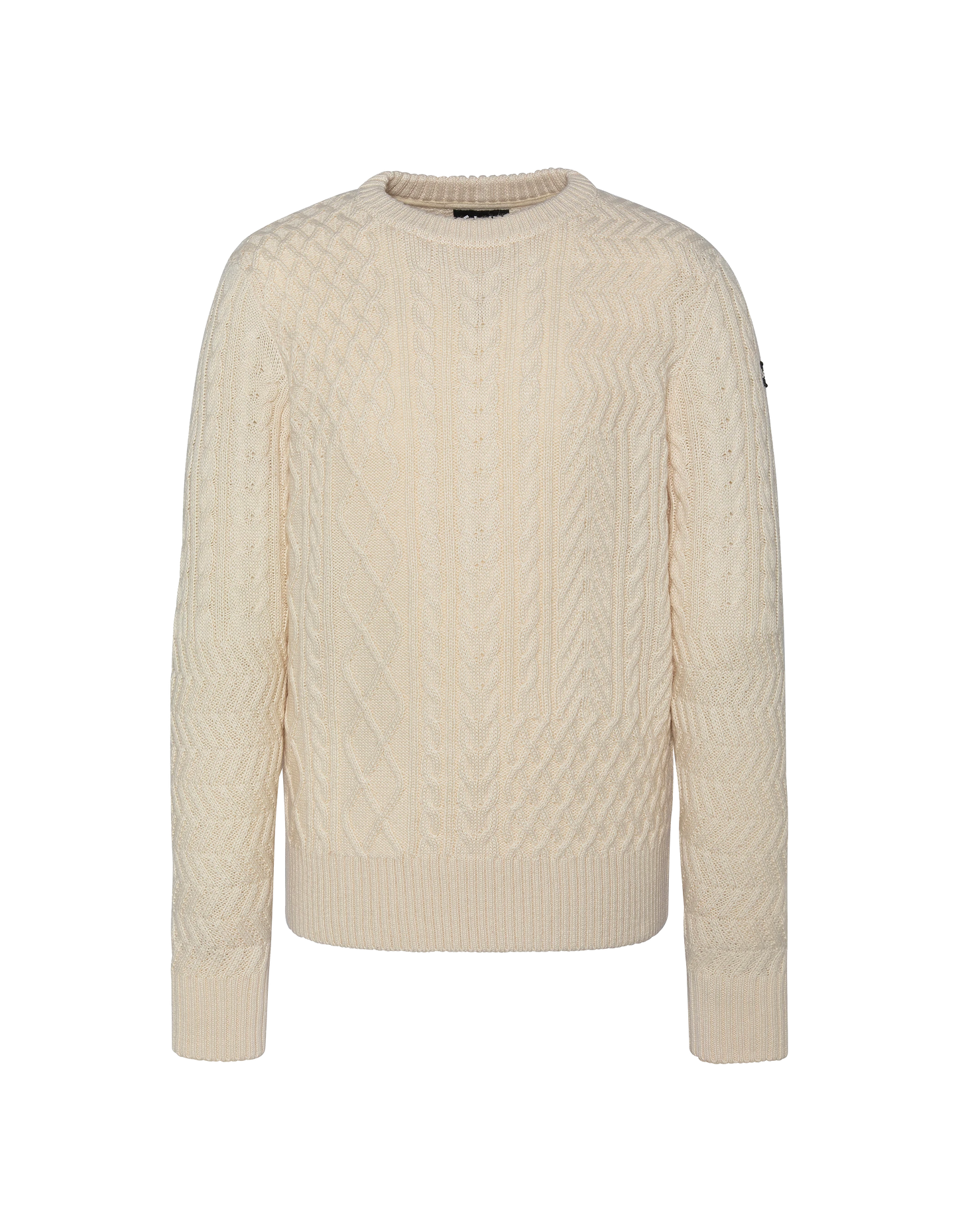 Suéter de cuello redondo blanco roto, malla retorcida