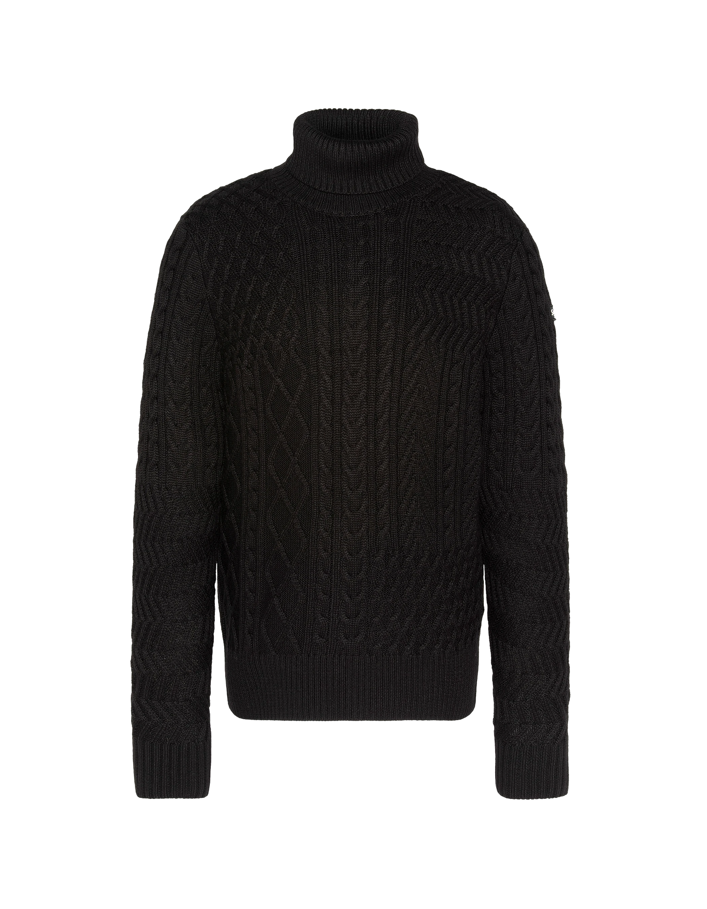 Suéter de cuello de tortuga negro, malla retorcida