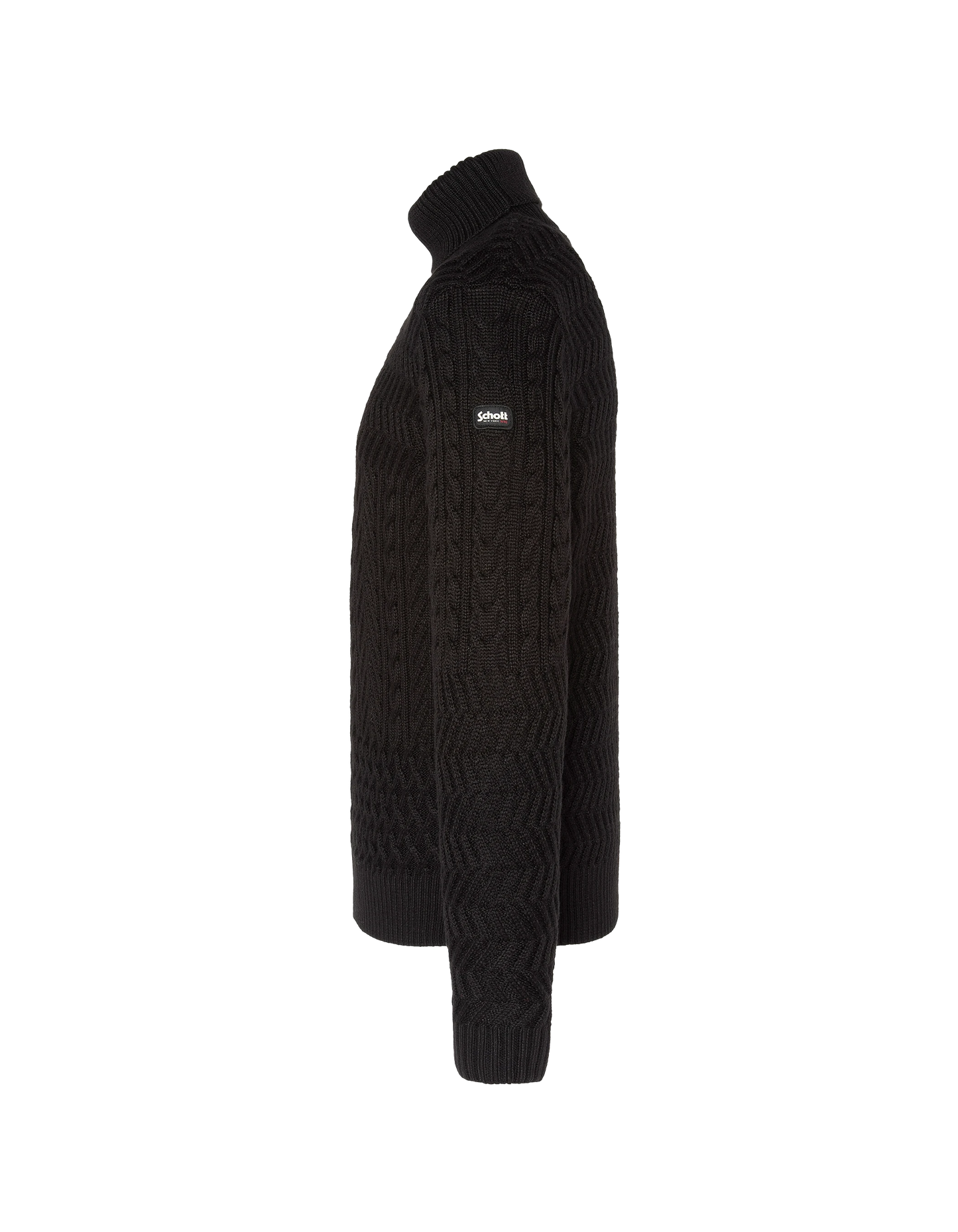 Suéter de cuello de tortuga negro, malla retorcida